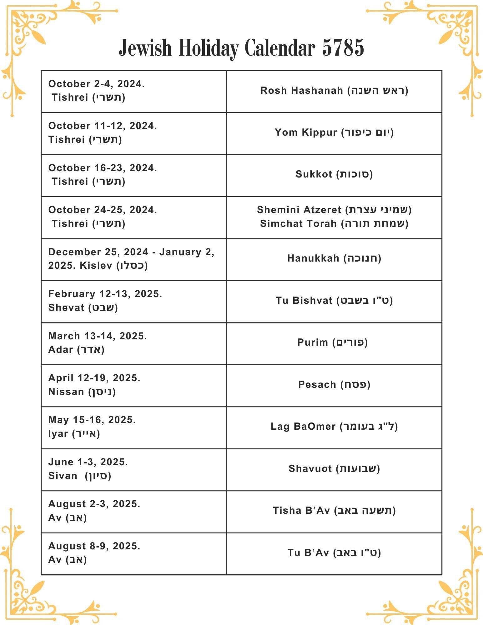 2025 Jewish Calendar Printable