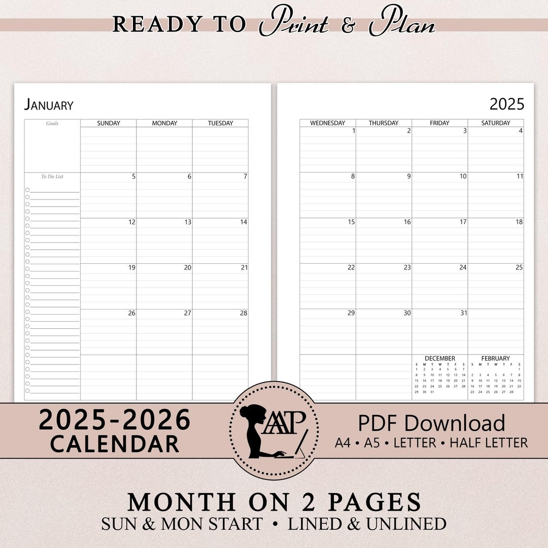 2025 2026 Monthly Calendar Printable Two 2 Page Lined Unlined 