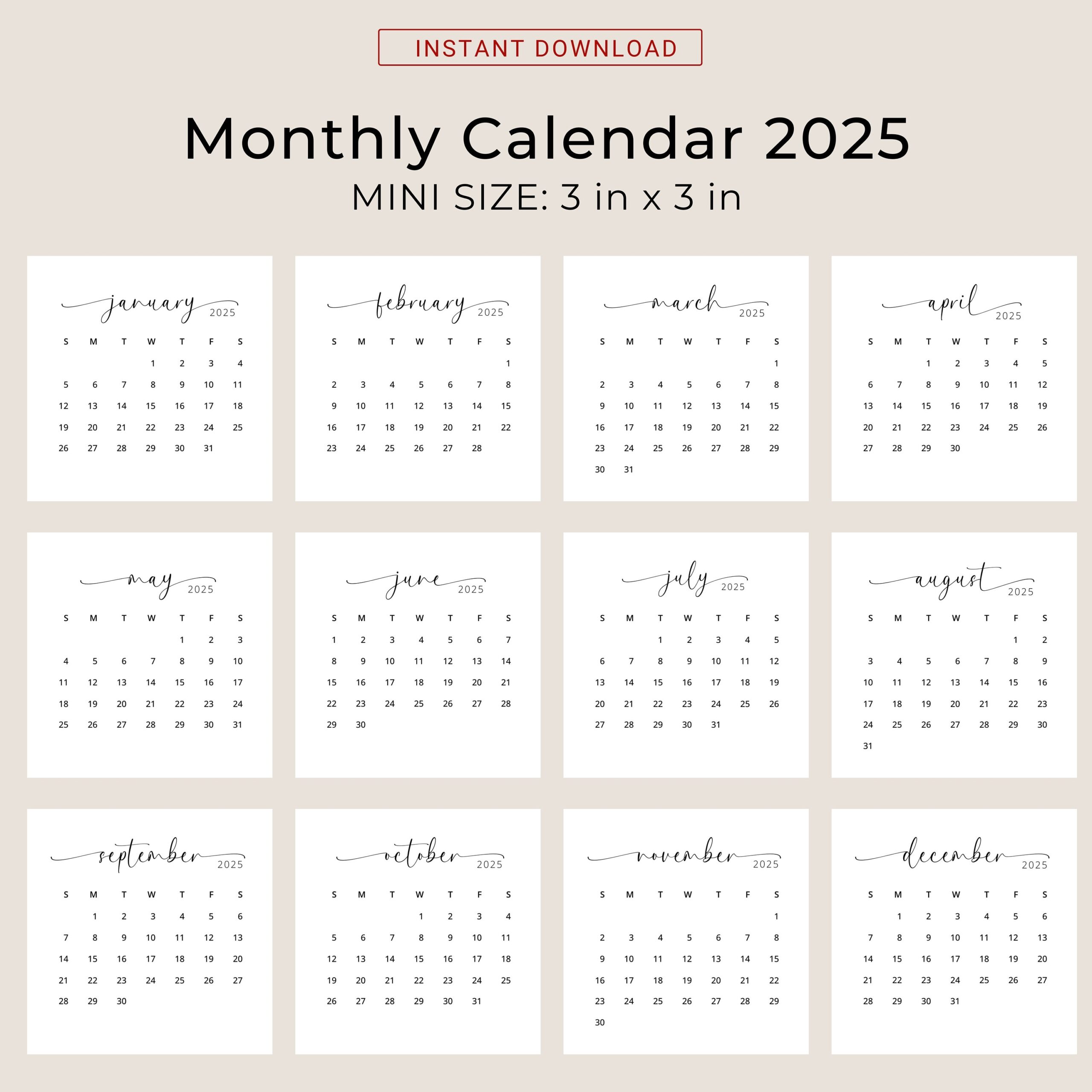 2025 3x3 Mini Calendar 2025 Calendar Card 2025 Pocket Calendar Elegant Printable Calendar Mini 3x3 Inch Calendar PDF Sunday U0026 Monday Start