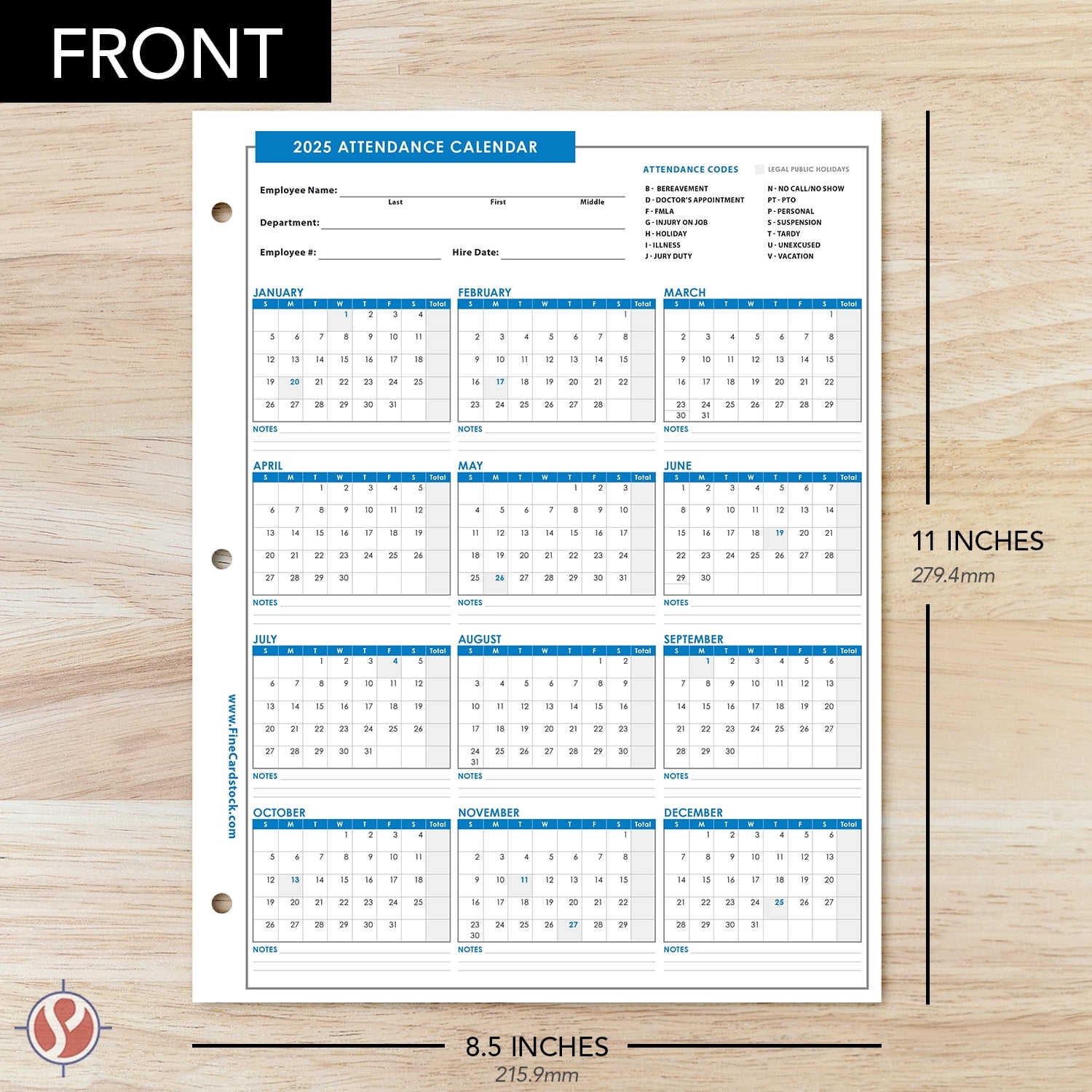 Employee Attendance Calendar 2025 Template Free