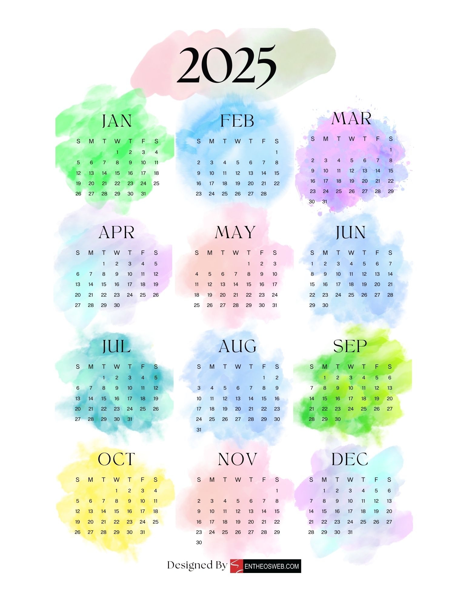 Free Printable 2025 Monthly Calendar With Designs