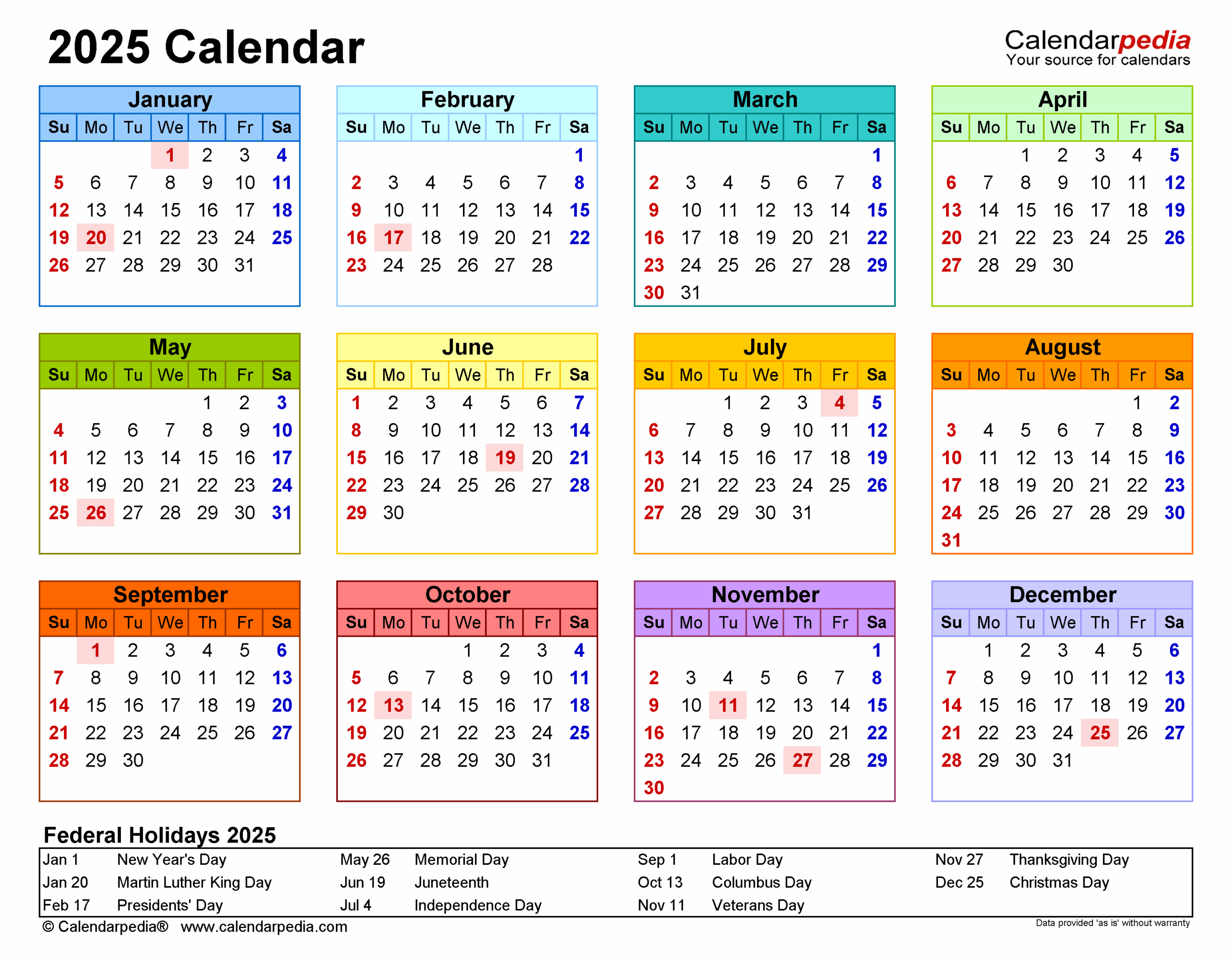 Free Printable 2025 Calendar With Holidays Download