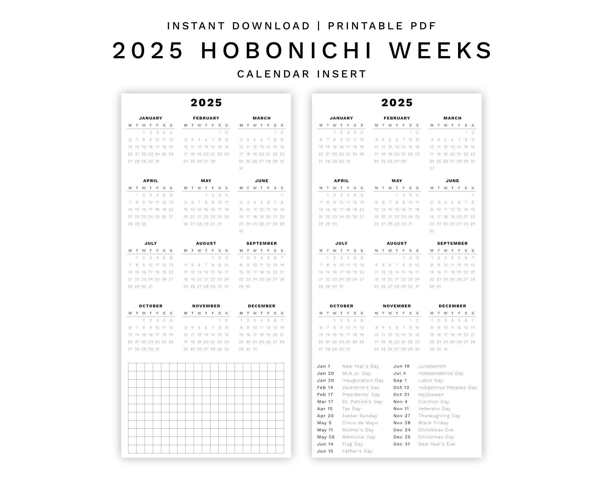 2025 Calendar Insert For Hobonichi Weeks Monday And Sunday Start 
