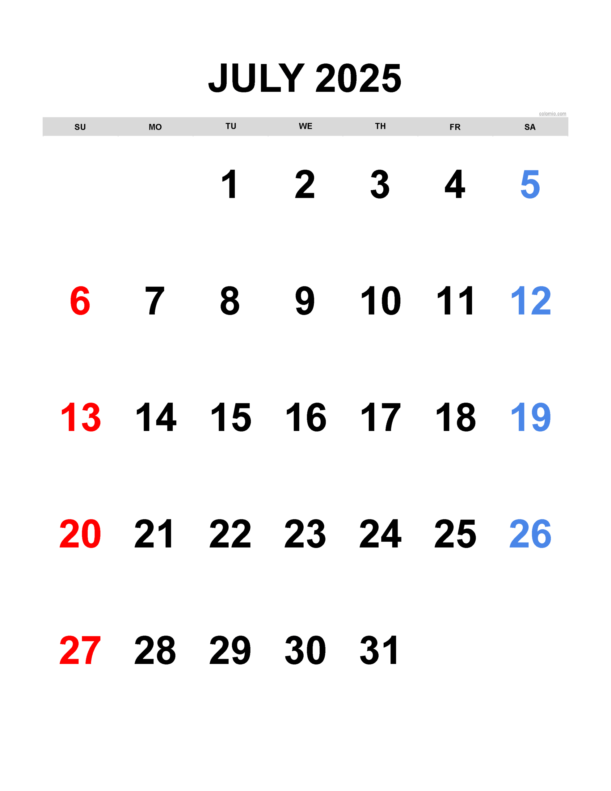 26 July 2025 Calendar Printable