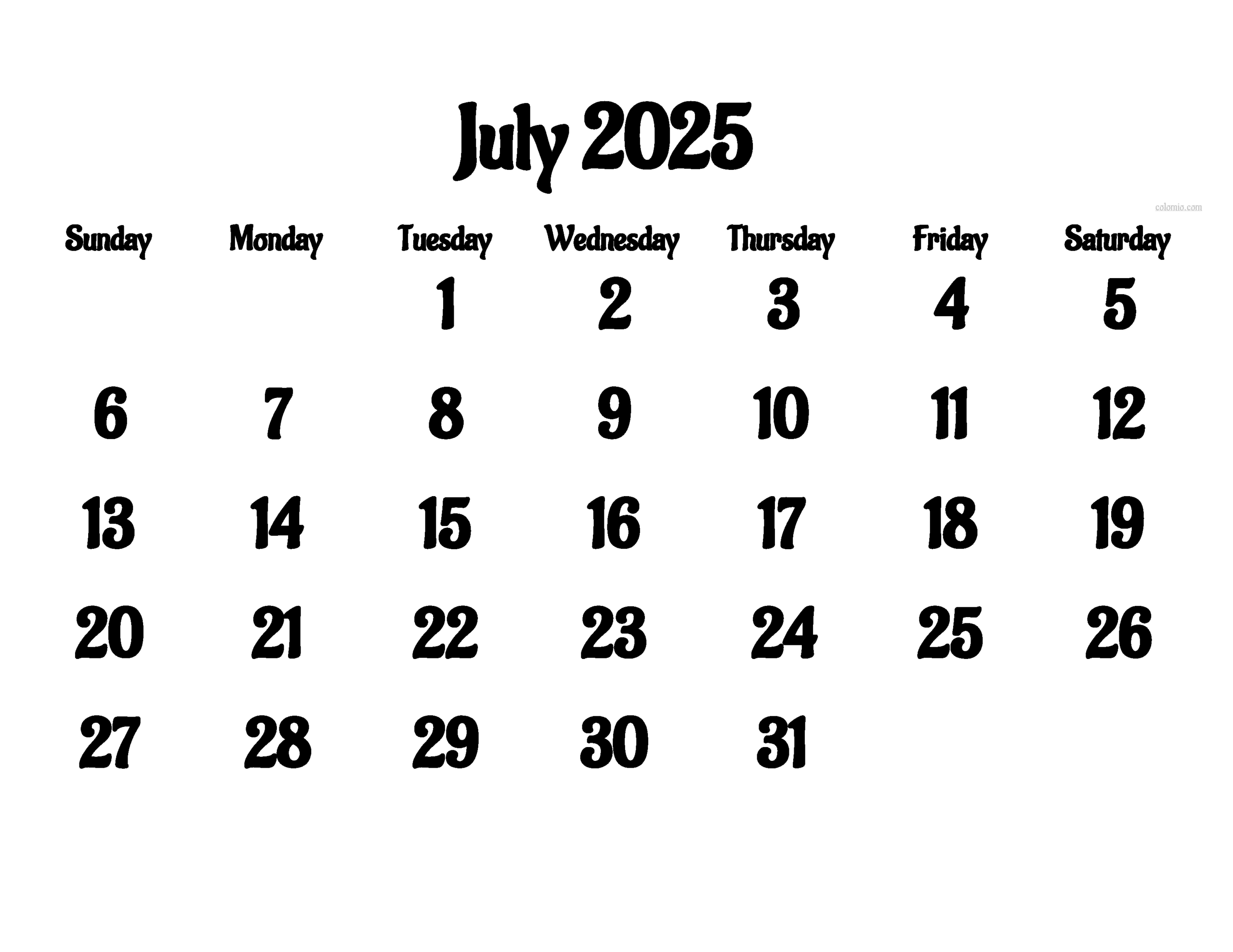Show July 2025 Calendar