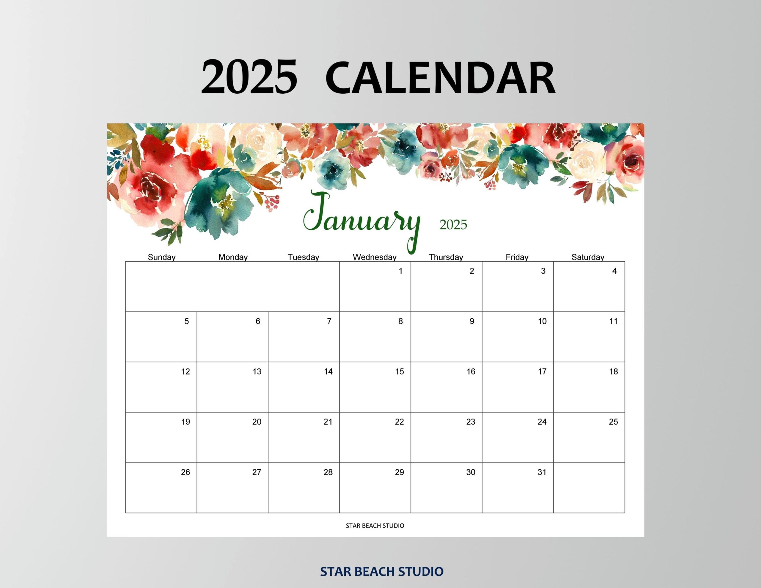 2025 Calendar Printable Floral 2025 Monthly Planner Wall Or Desk 