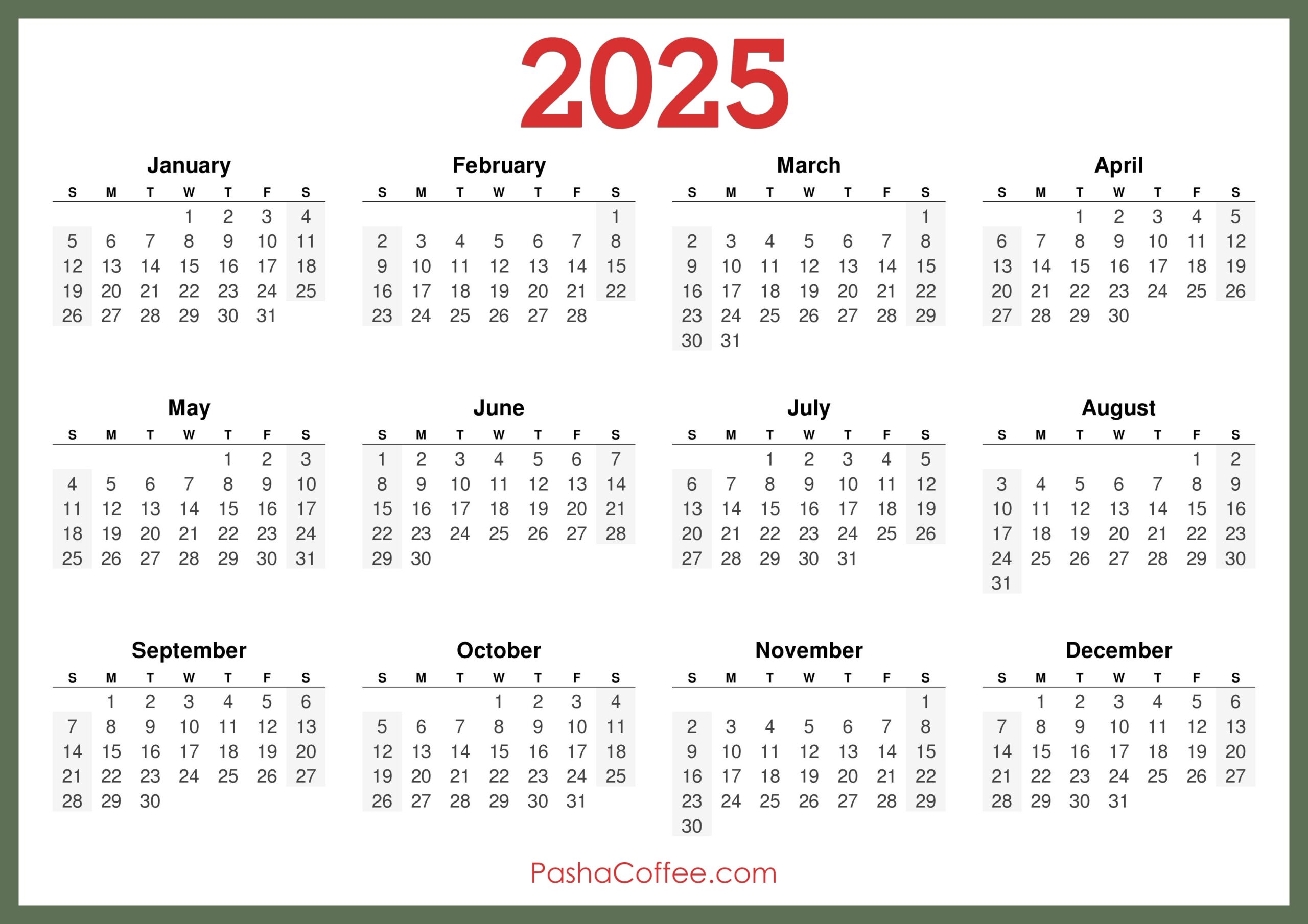 2025 Calendar Printable Free Horizontal Green PashaCoffee