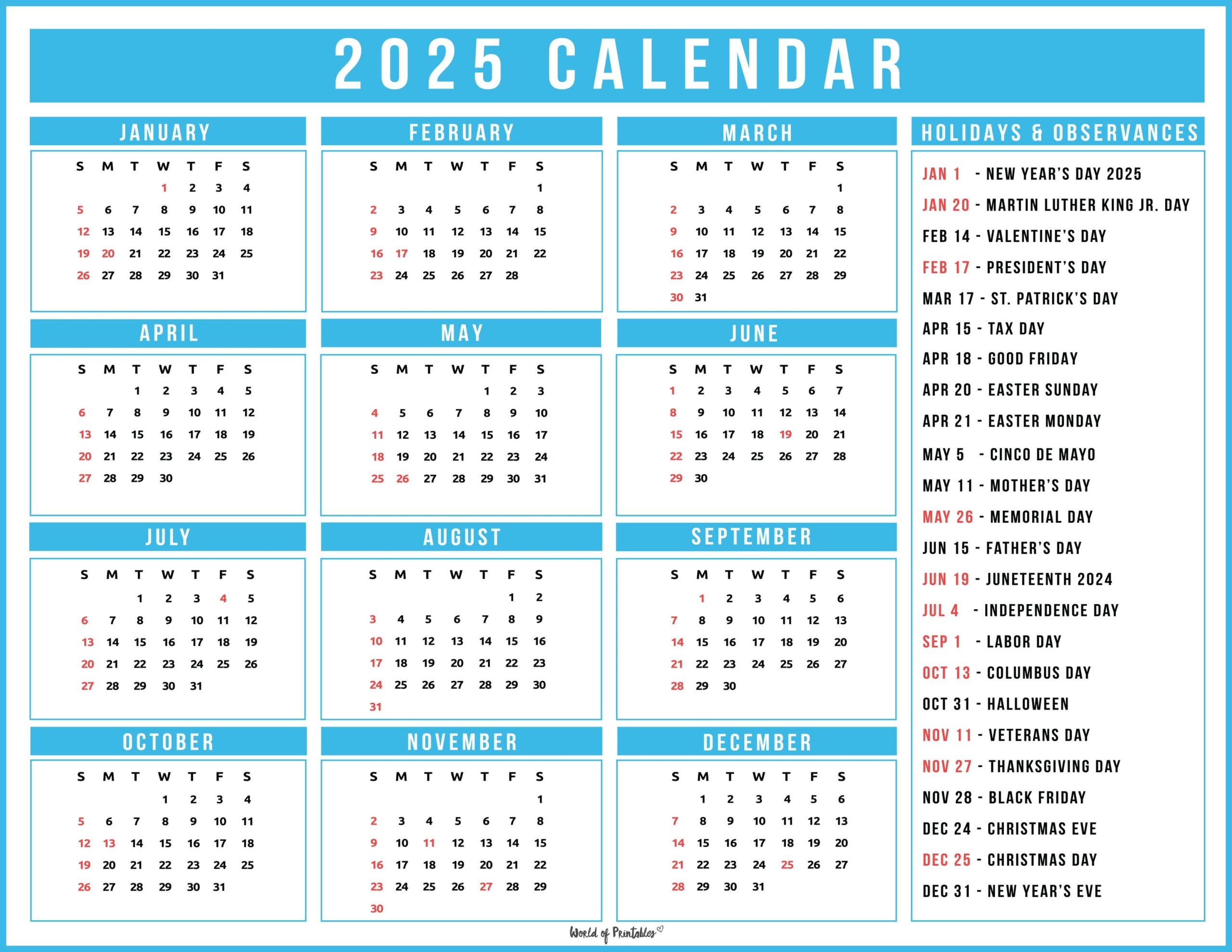 2025 Calendar With Holidays Free Printables In 28 Unique Styles 