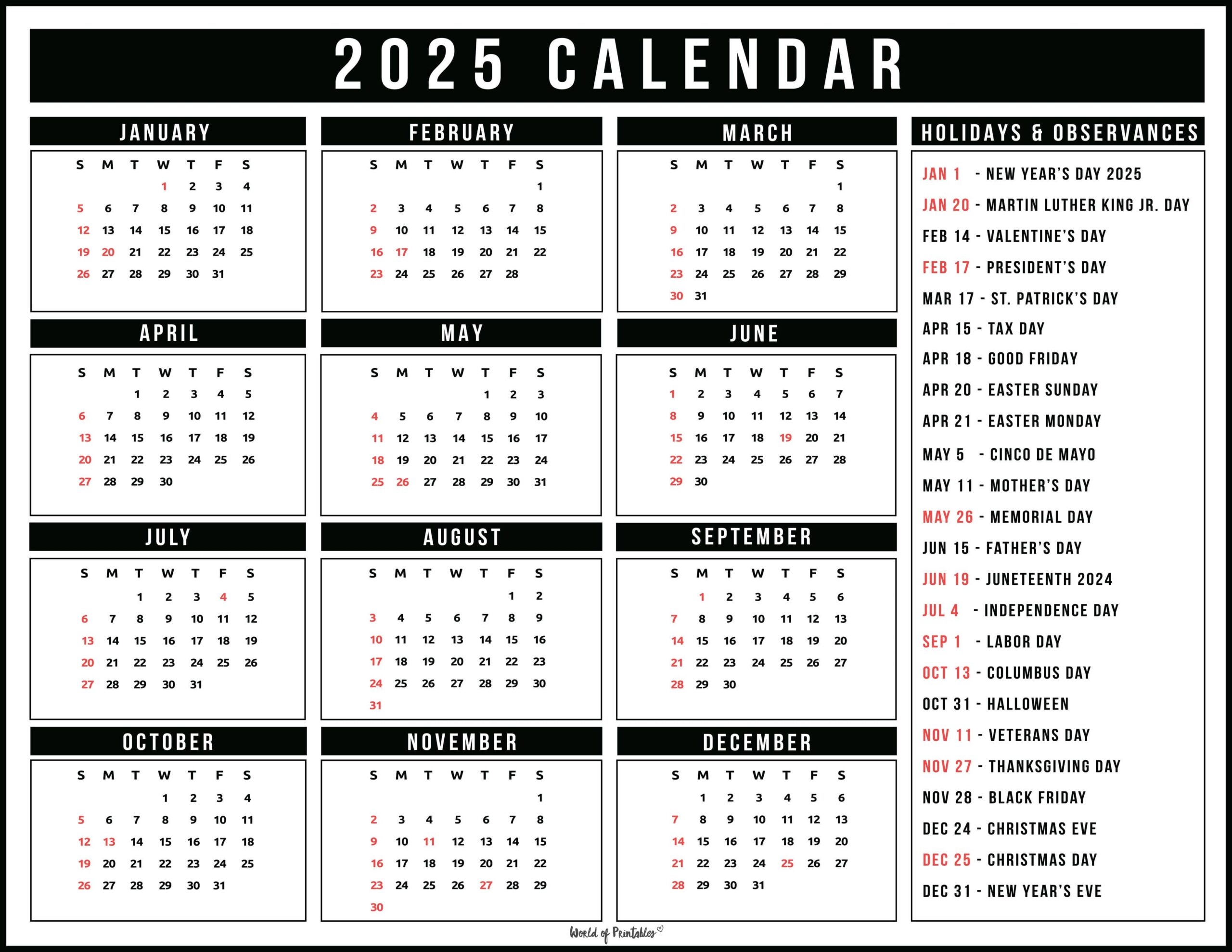 2025 Calendar With Holidays Free Printables In 28 Unique Styles 