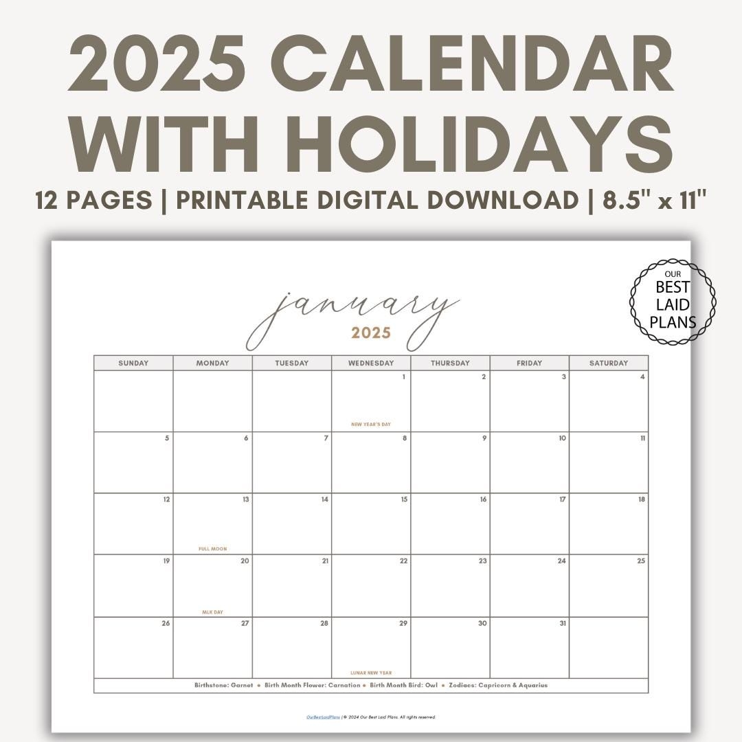 2025 Monthly Calendar With Holidays Printable Free