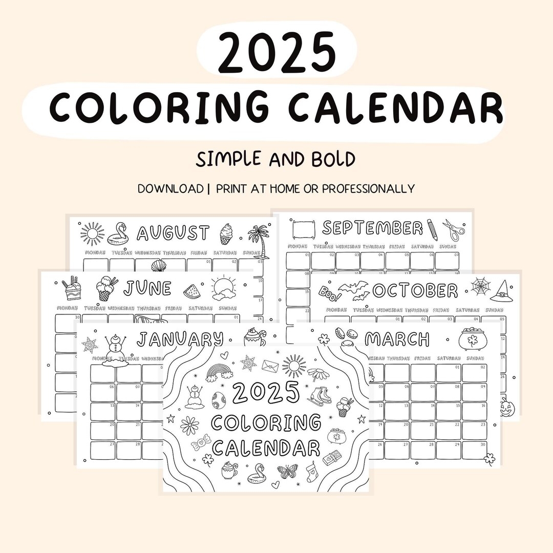 2025 Coloring Calendar Kids Calendar 2025 Monthly Planner Printable Calendar Color My Own Calendar 2025 Calendar Etsy