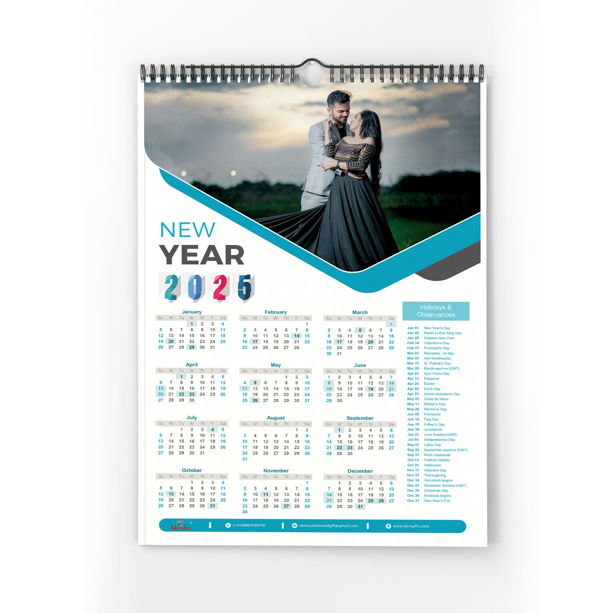 2025 Customised Synthetics Single Sheet Photo Calendar 240GSM Waterproof Wall Mount Calendar MUSHA Design 2 Amazon in Office Products