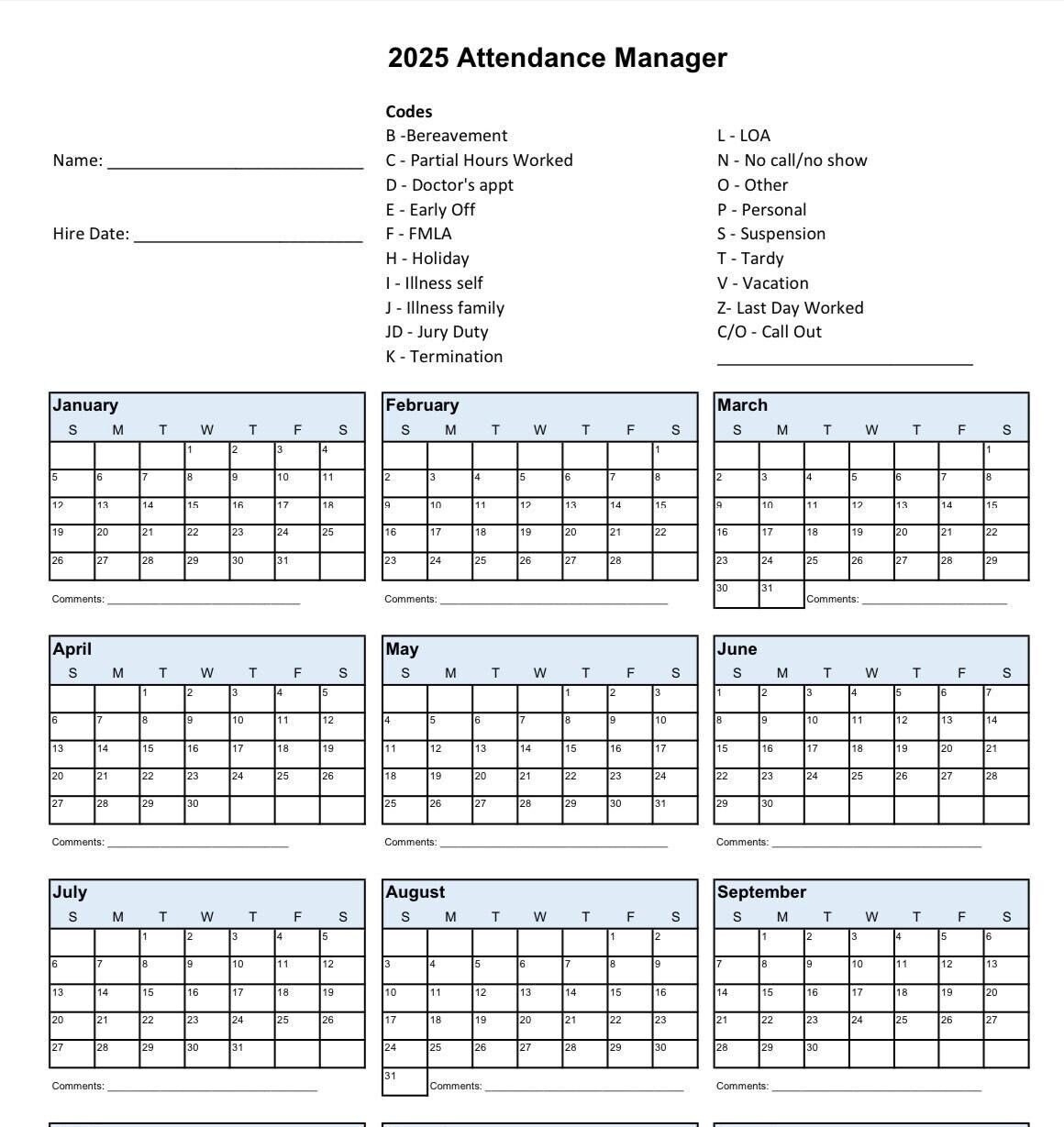 2025 Printable Calendar For Employee Attendance School PTO Schedule Time Off Tracker Small Business Data Vacation Tracker Days Off Etsy
