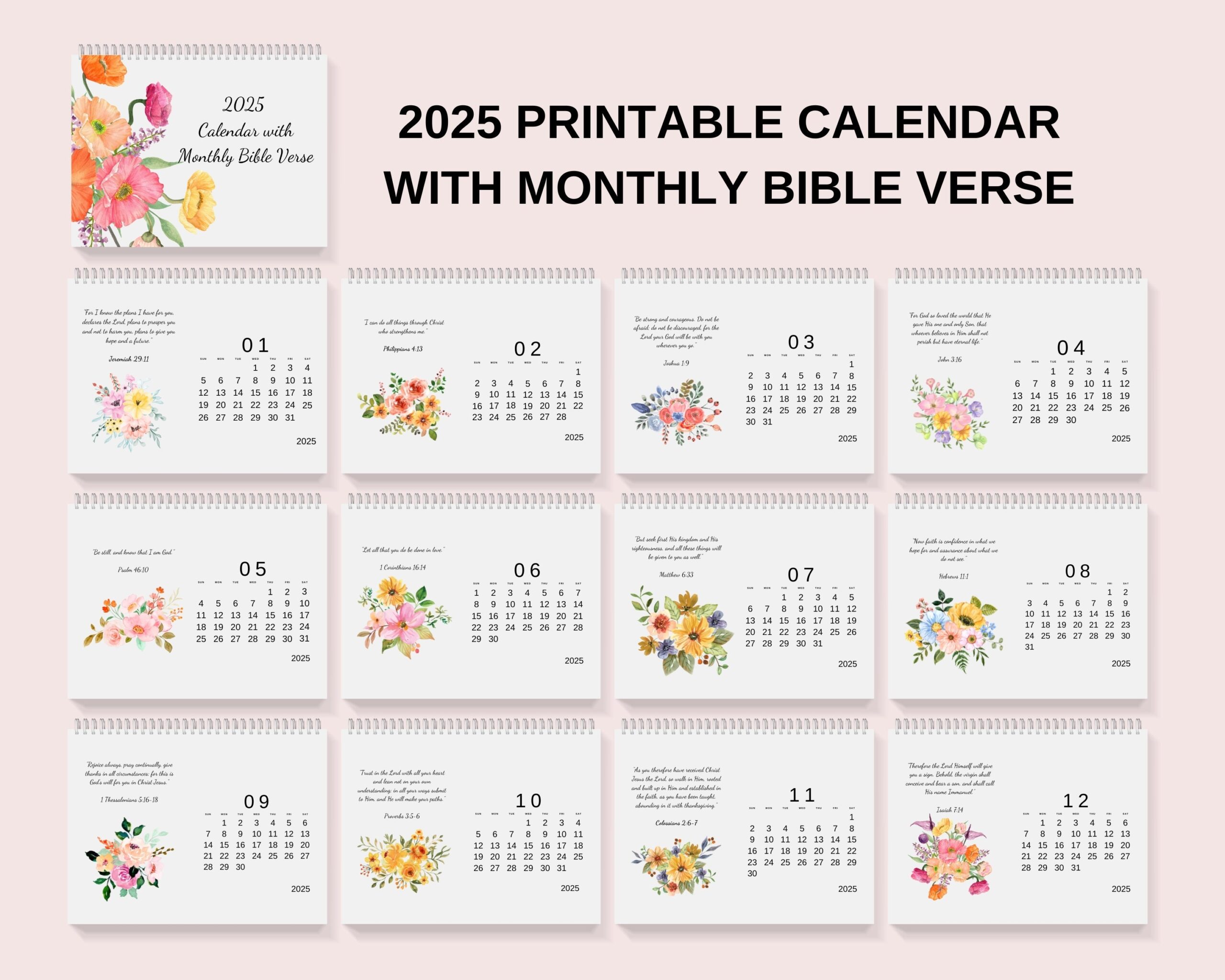 2025 Printable Monthly Calendar With Bible Verse And Watercolor 