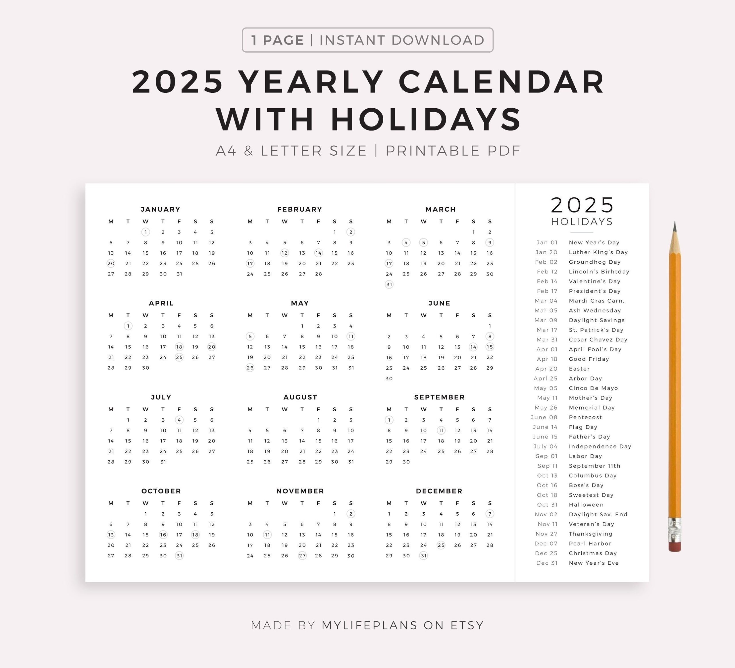 2025 Year Calendar With Holidays On One Page Printable Landscape Wall Calendar Desk Calendar Sunday U0026 Monday Start A4 letter Etsy New Zealand