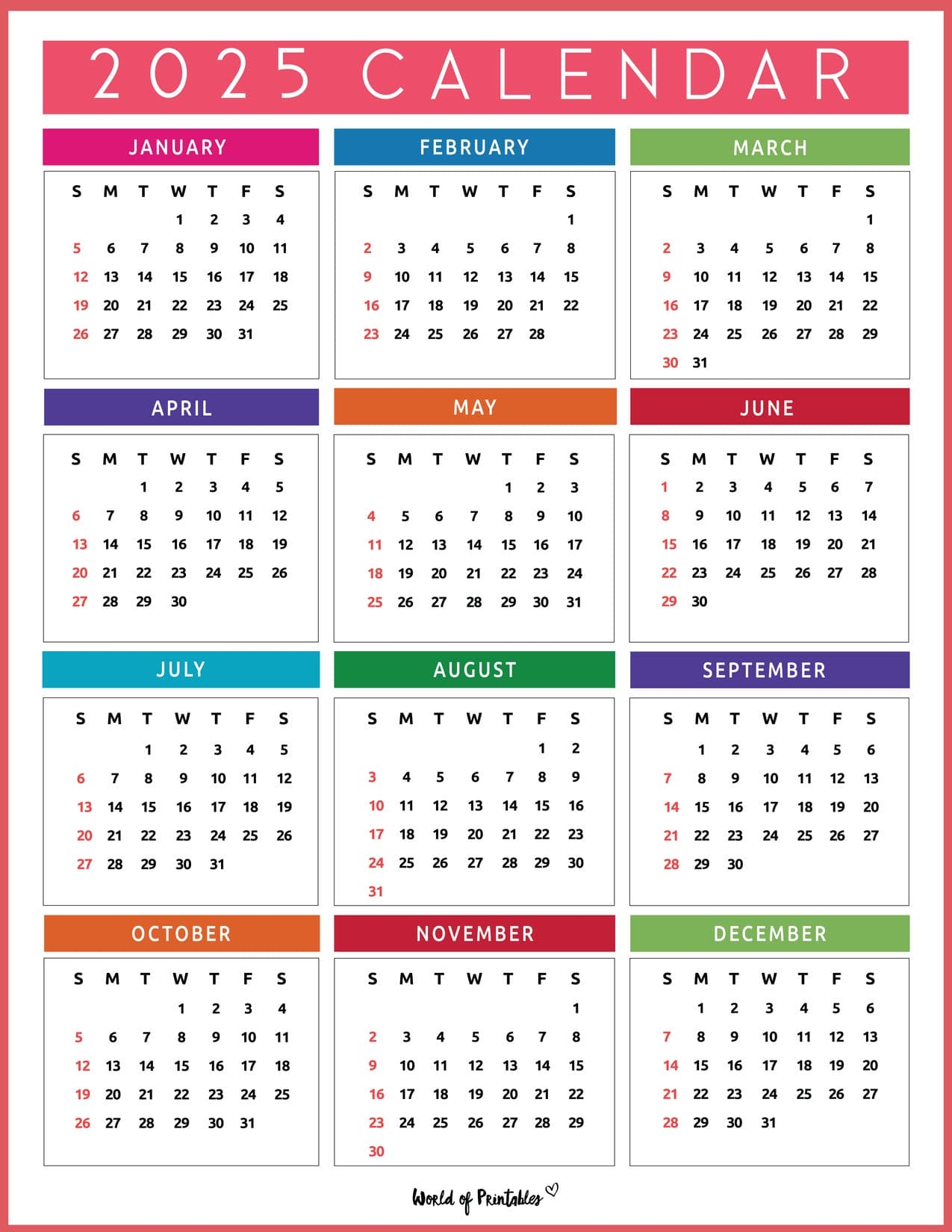 One Page Printable 2025 Calendar