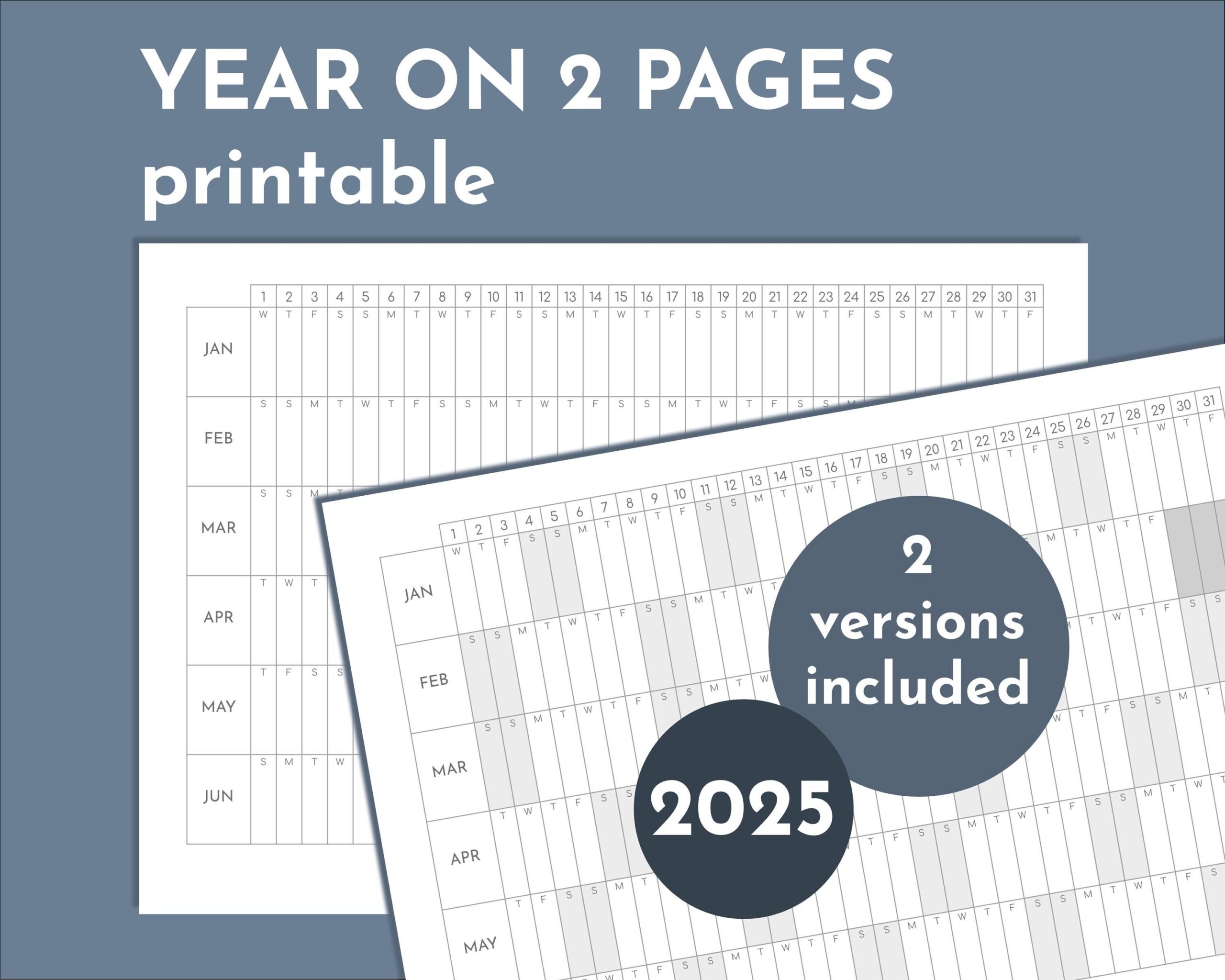 2025 Year Overview 2 Page Printable Calendar 6 Months Per Page 