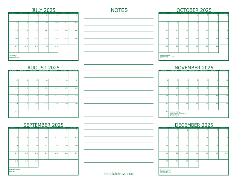 6 Month Calendar 2025