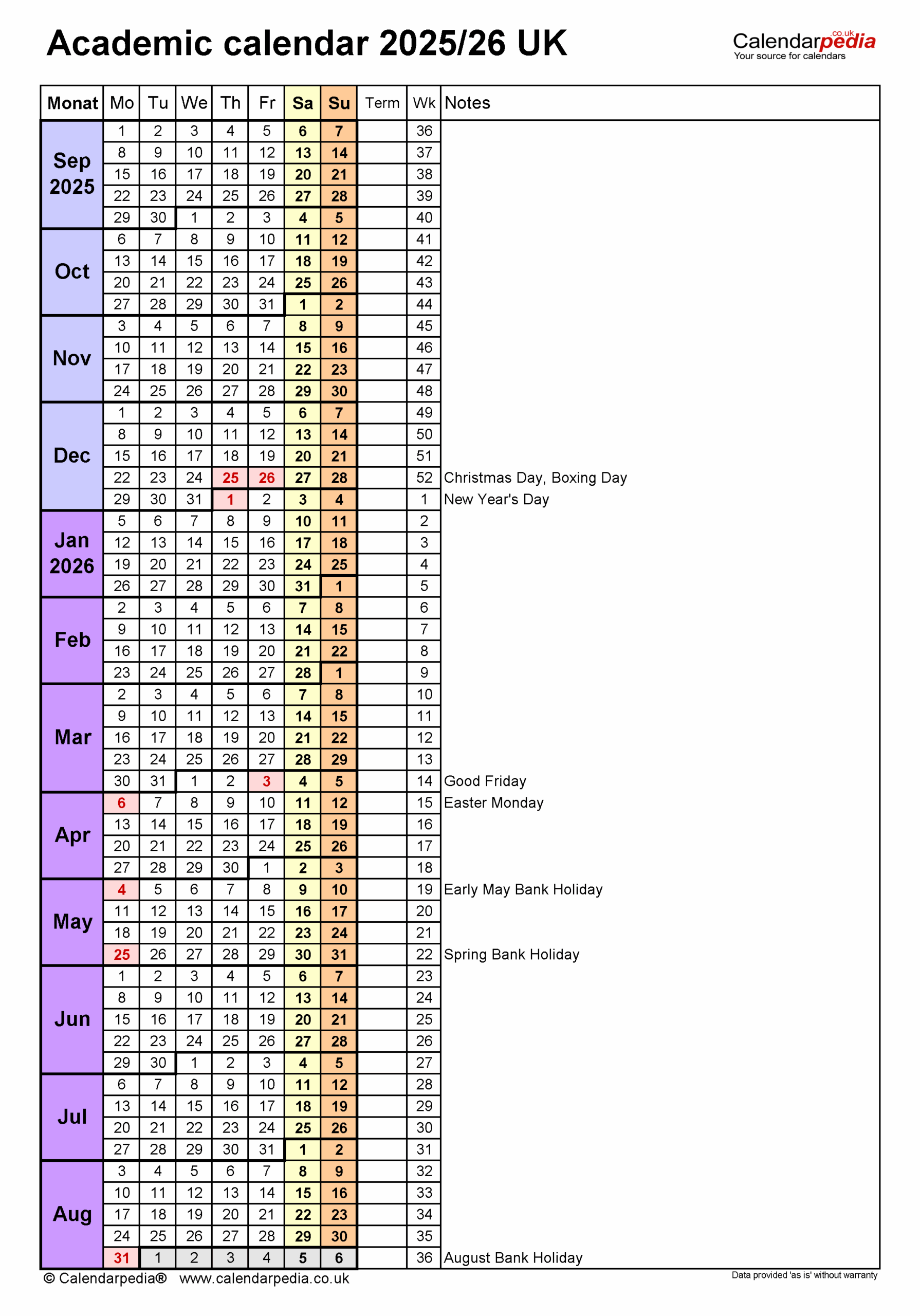 Free Printable Academic Calendar 2025 2026 Uk
