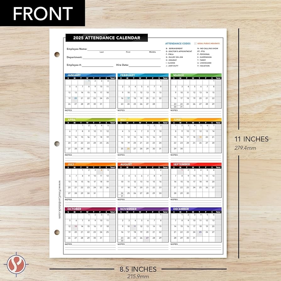 Amazon 2025 Attendance Calendar Card Stock Paper Great Employee Work Tracker Bright U0026 Colorful Printed On Durable U0026 Thick 80lb Cover 216gsm Cardstock 3 Hole Punched 8 5