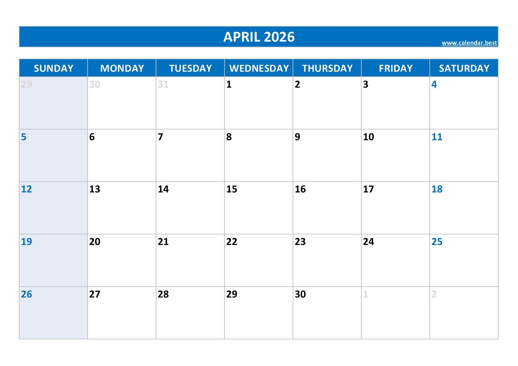 April Free Printable Calendar 2026 2