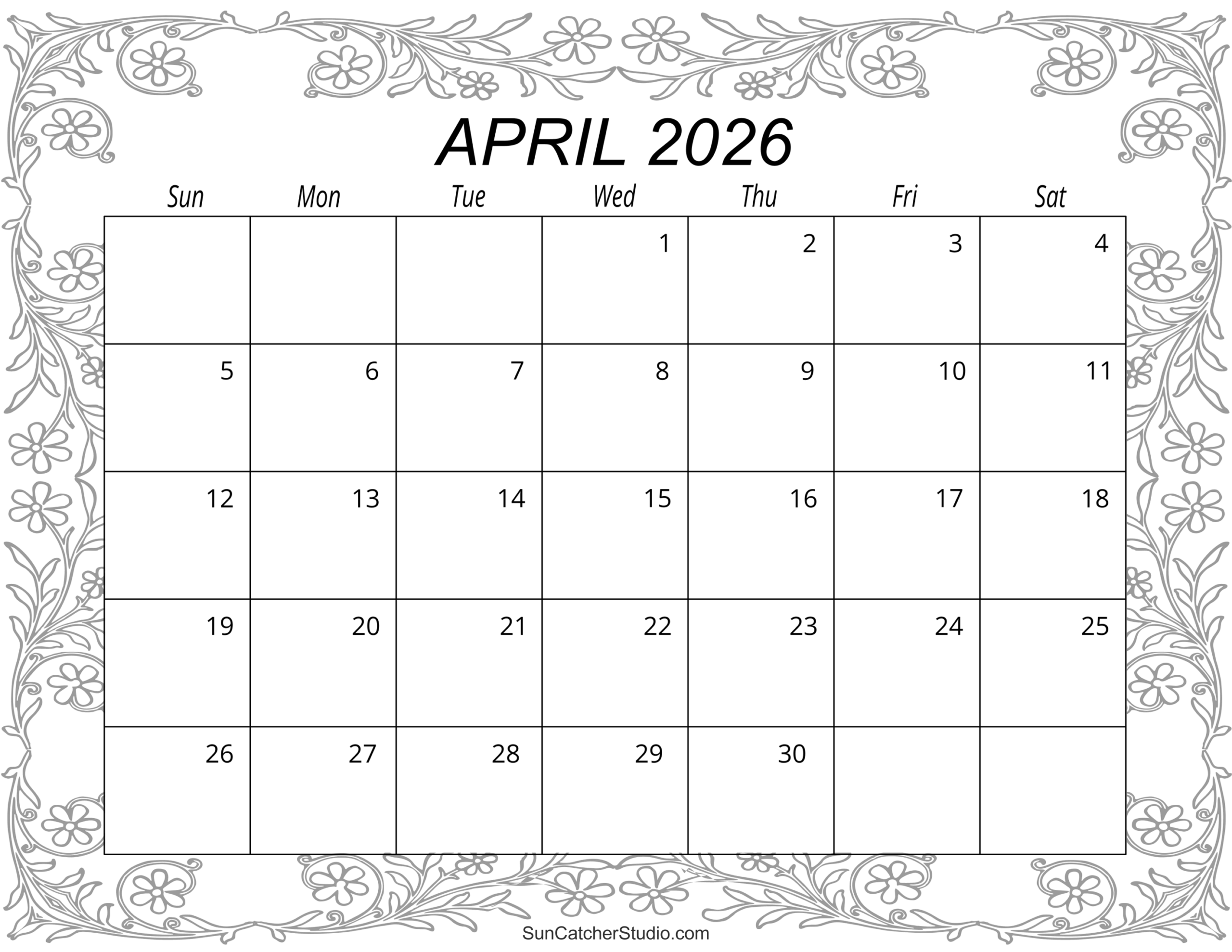 Free Printable April 2026 Calendar