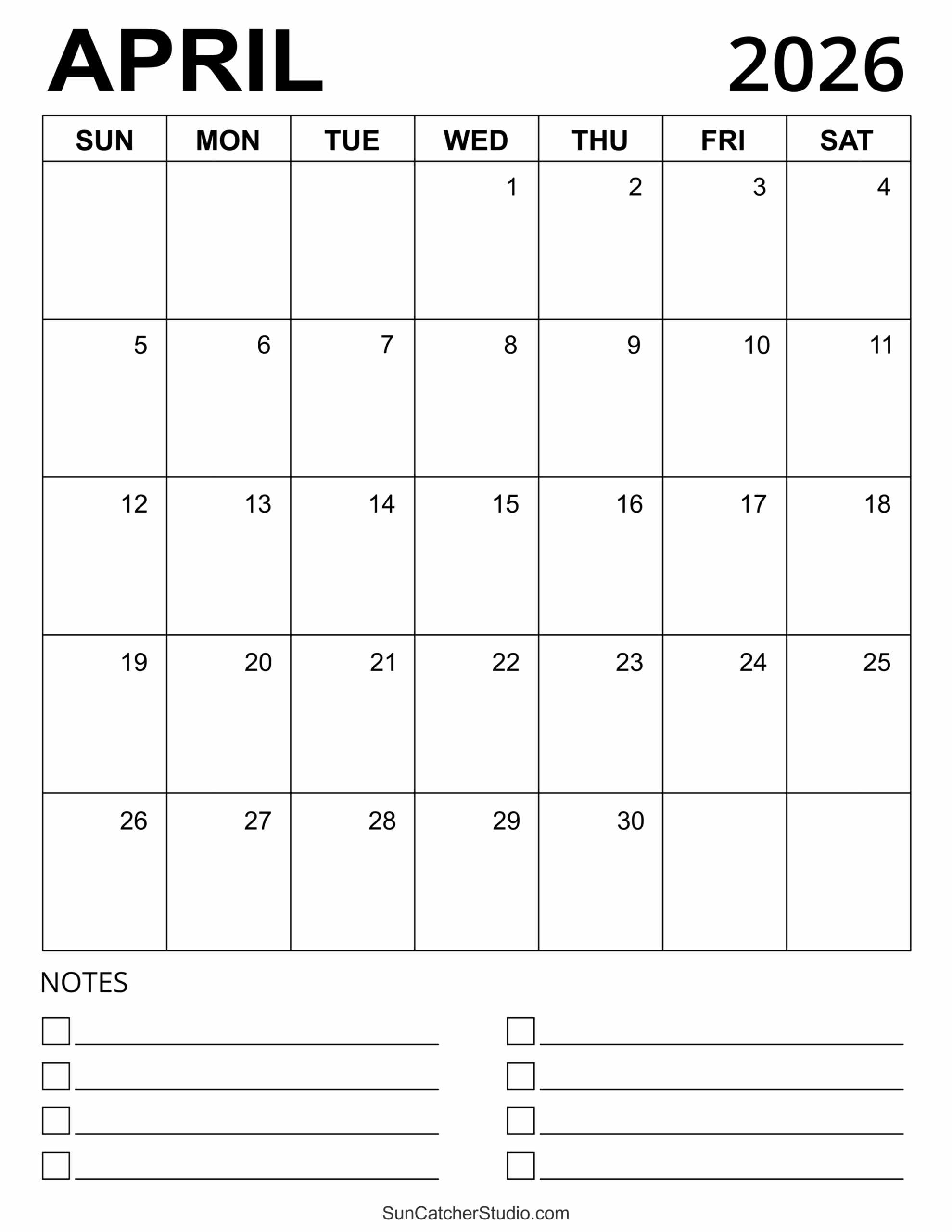 Free Printable April 2026 Calendar Waterproof