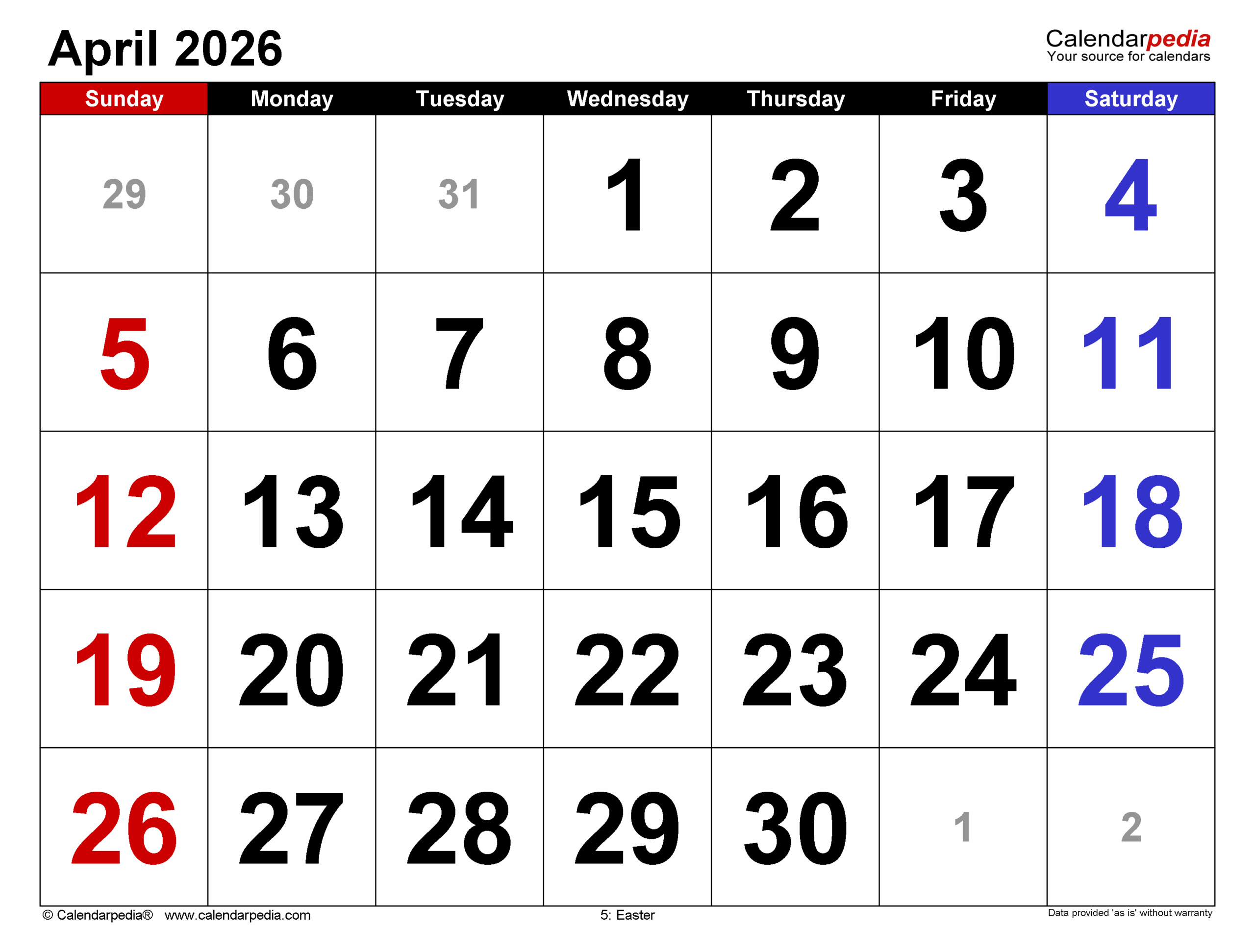 April Month Calendar 2026 Printable