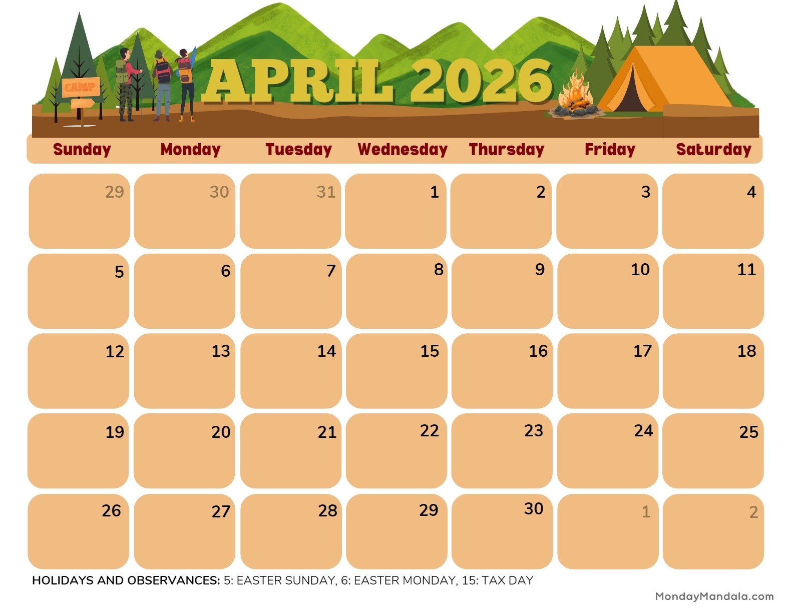 April 2026 Calendar Printable A4