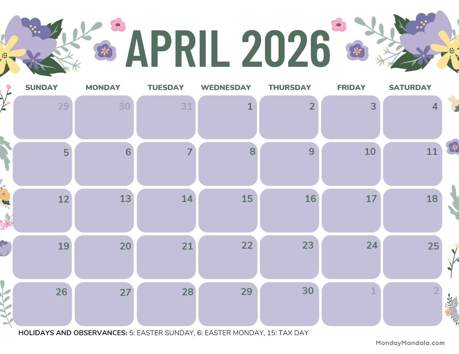 Free Printable April 2026 Calendar Flowers