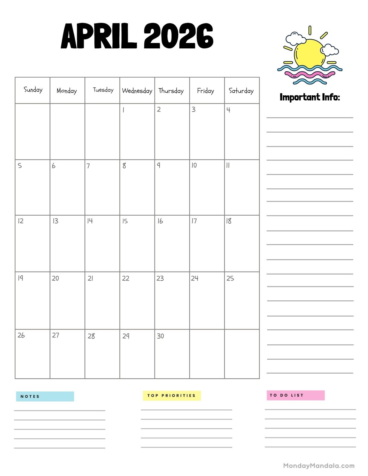 April 2026 Printable Calendar Tumblr