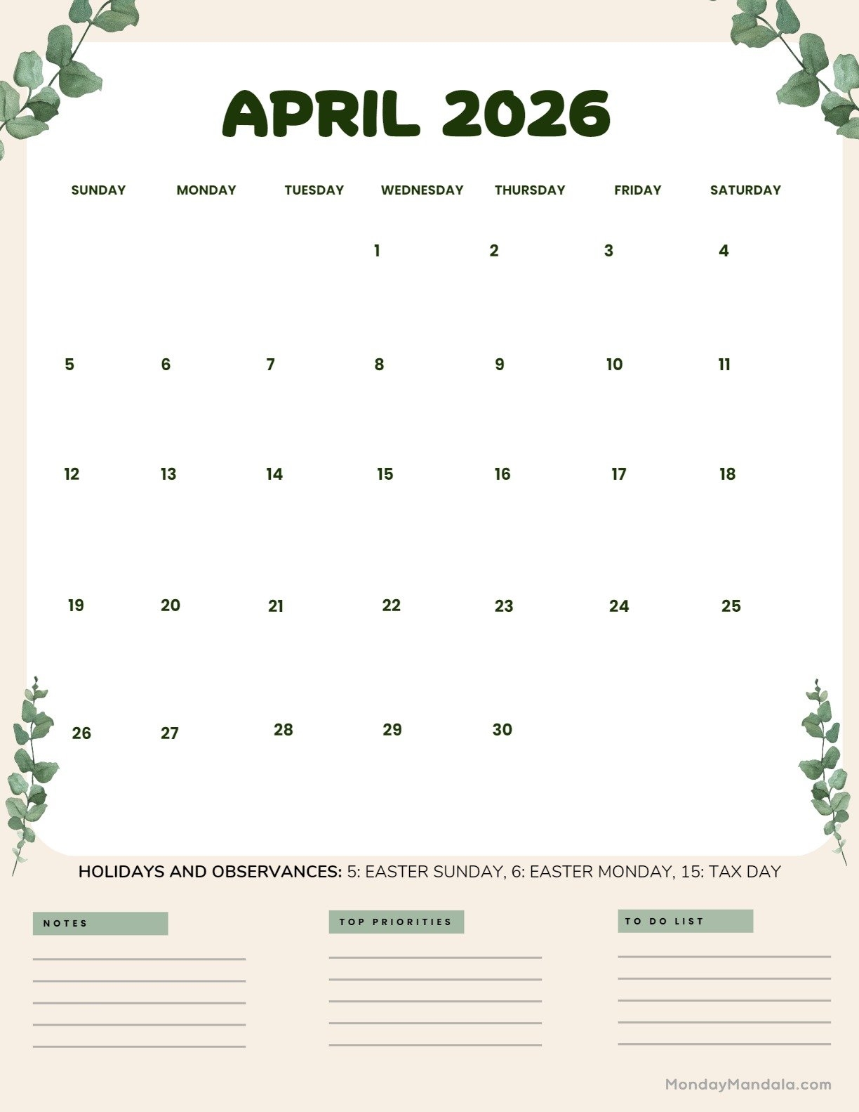 April 2026 Calendars Free PDF Printables 
