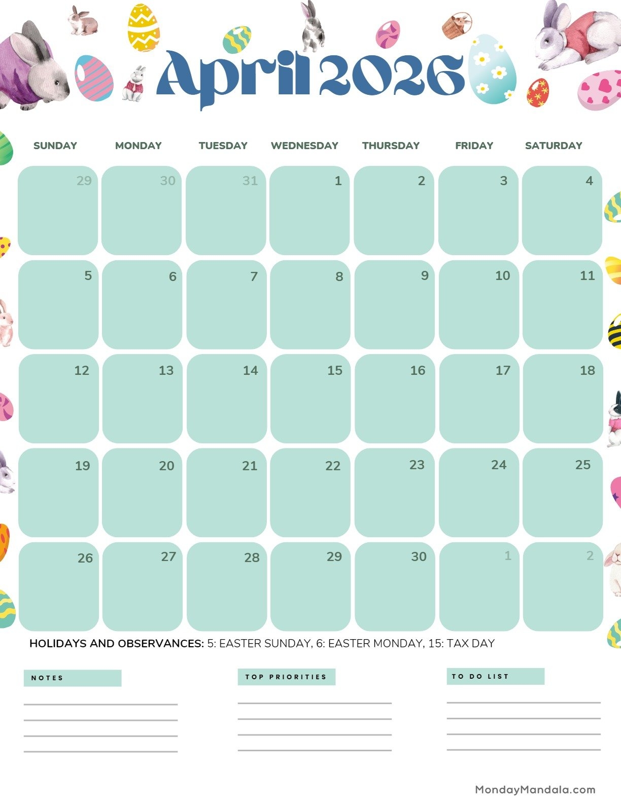 2026 April Printable Calendar