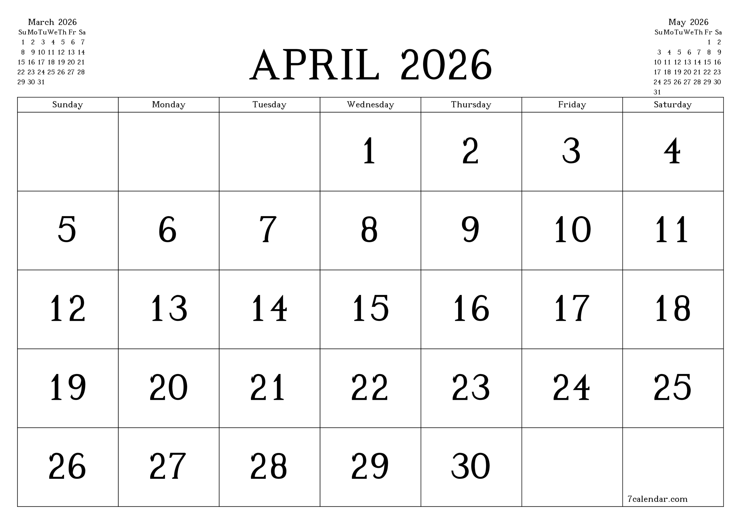 April 2026 Calendar Printable Portrait
