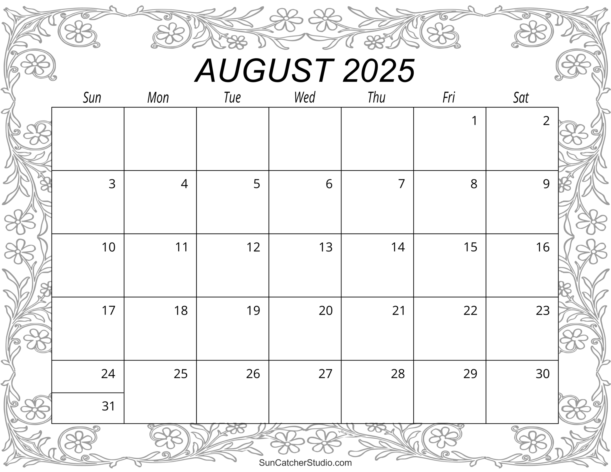 August 2025 Calendar Printable Landscape