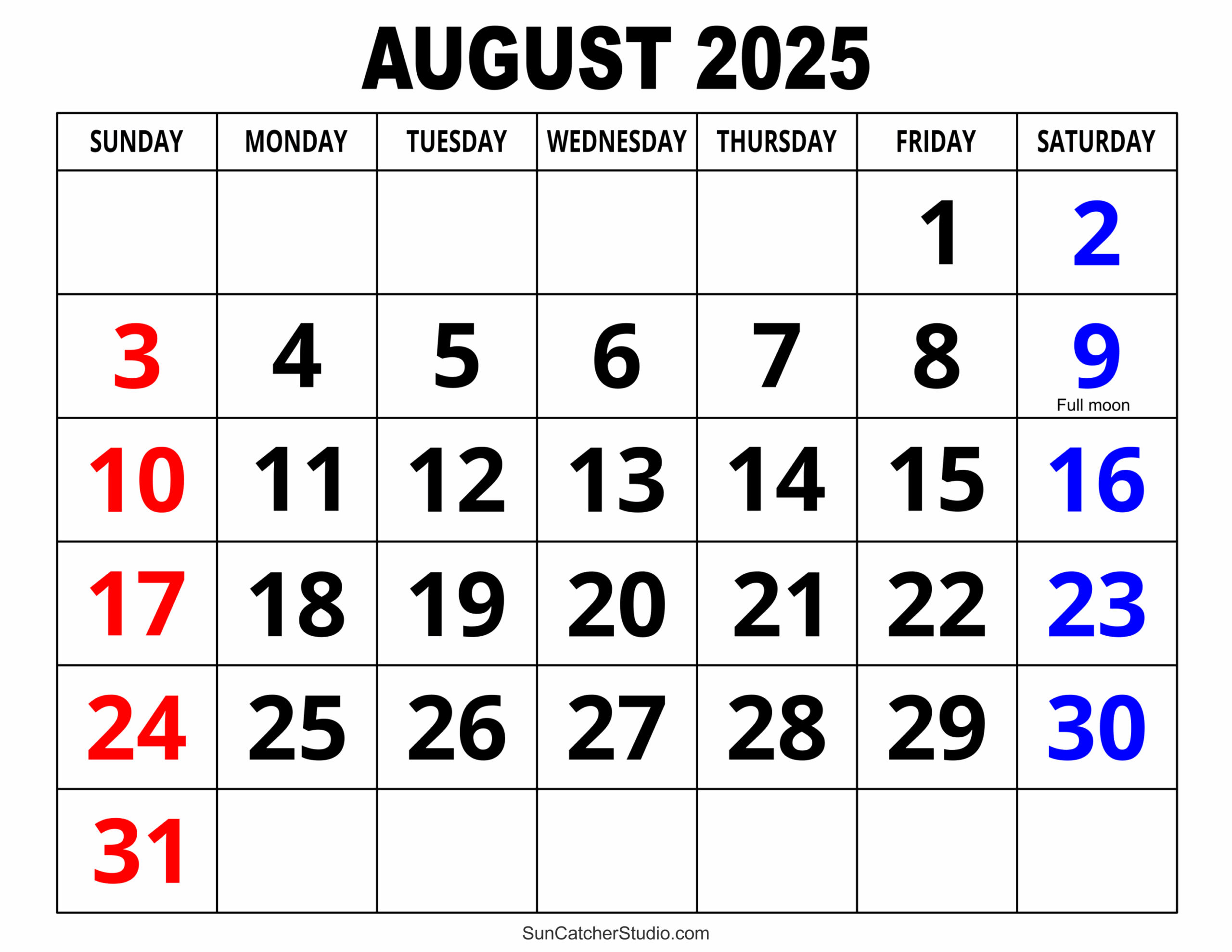 Free Printable 2025 August Calendar