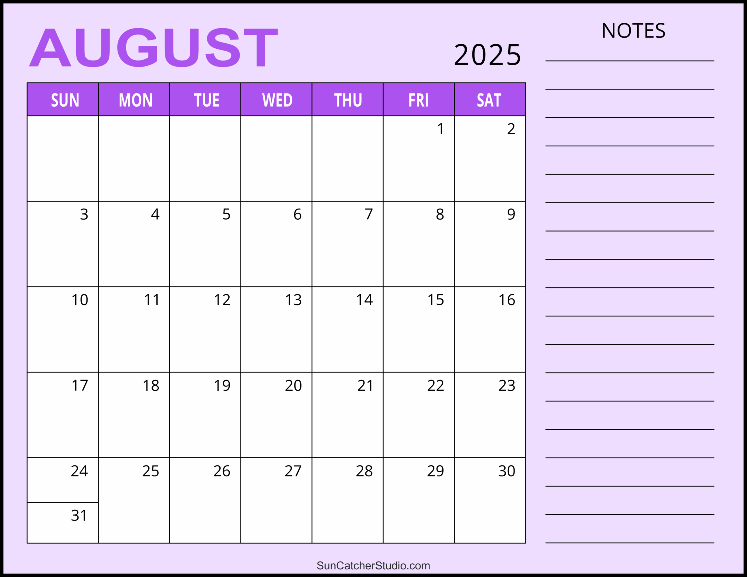 August Monthly Calendar 2025