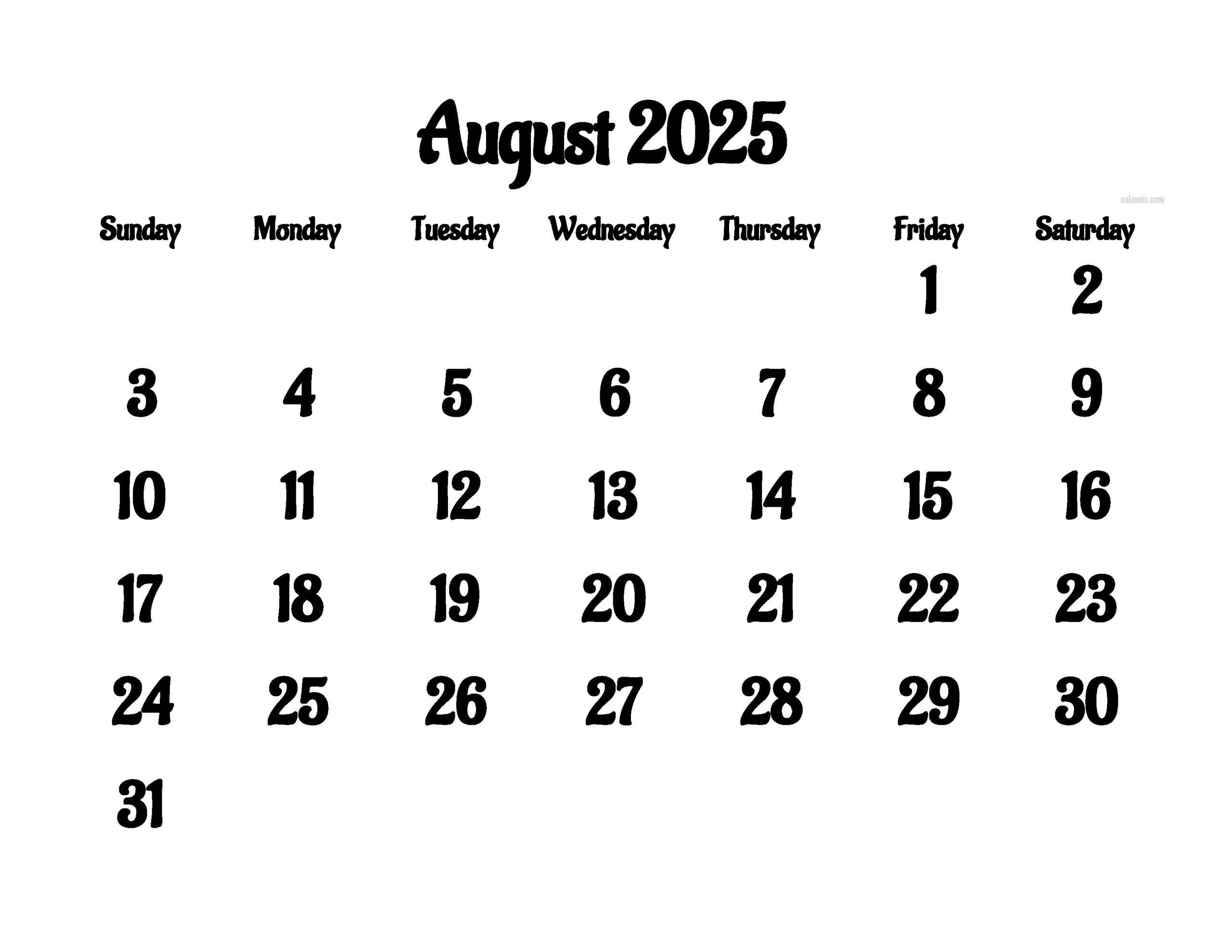 Free Printable August 2025 Calender