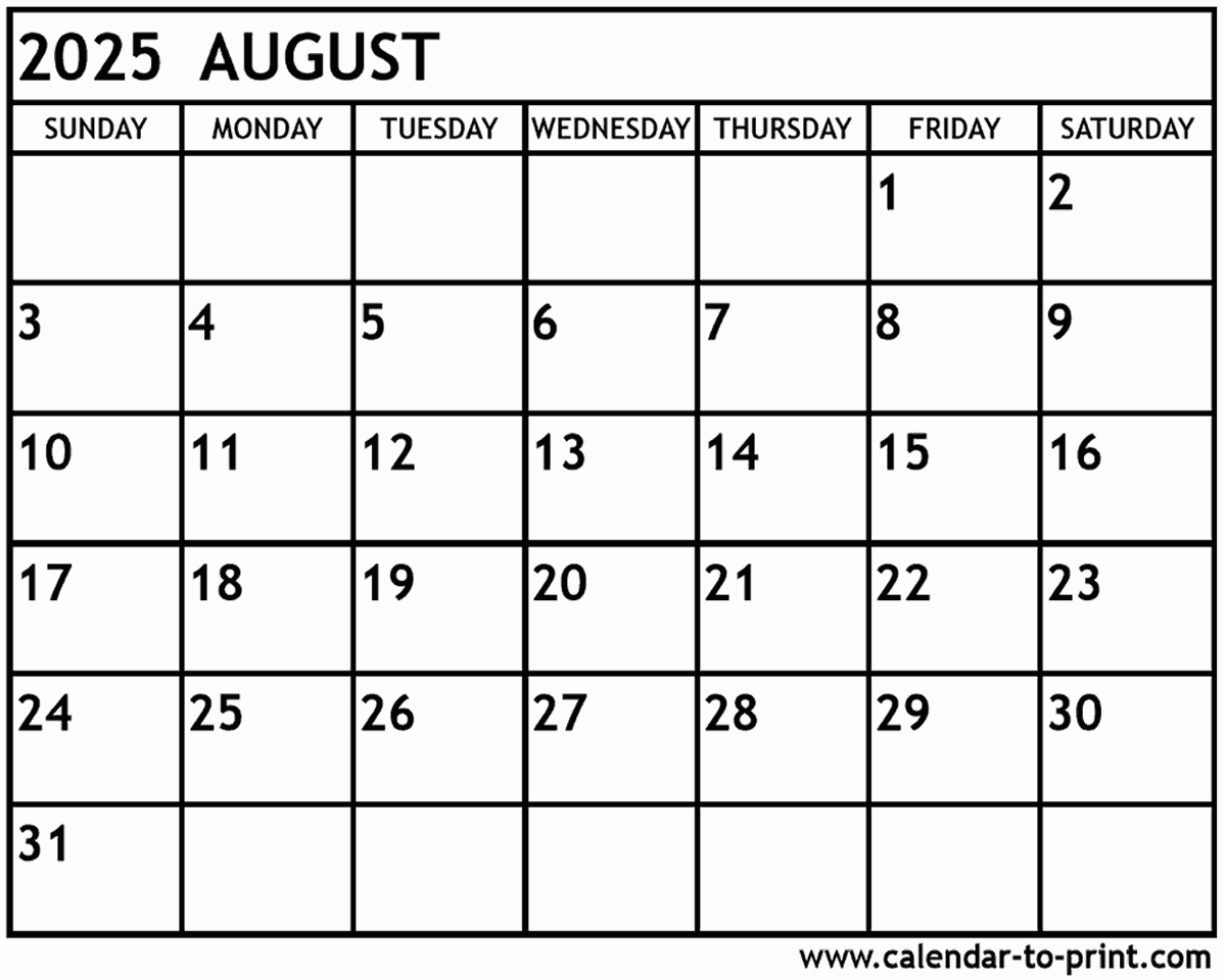 Printable August 2025 Calendar With Holidays