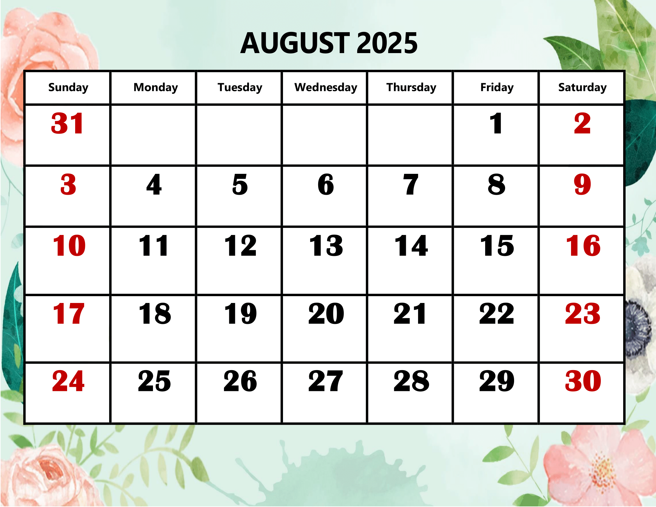 Printable Monthly Calendar August 2025