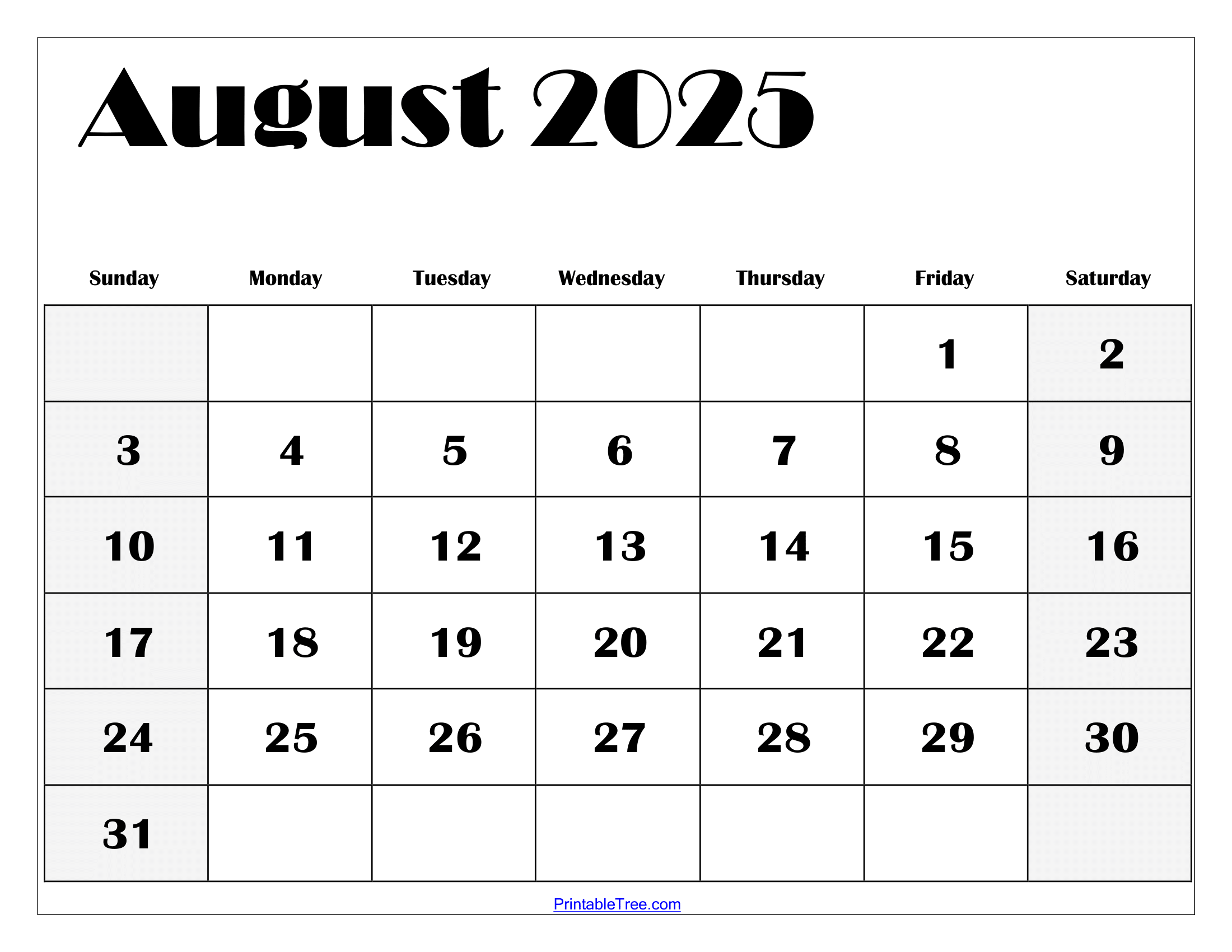 August 2025 Calendar Print
