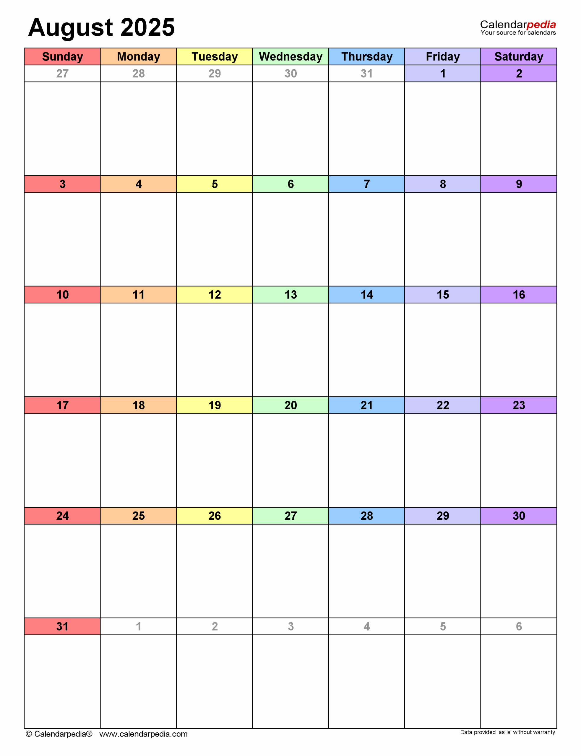 August 2025 Calendar Printable Free Word