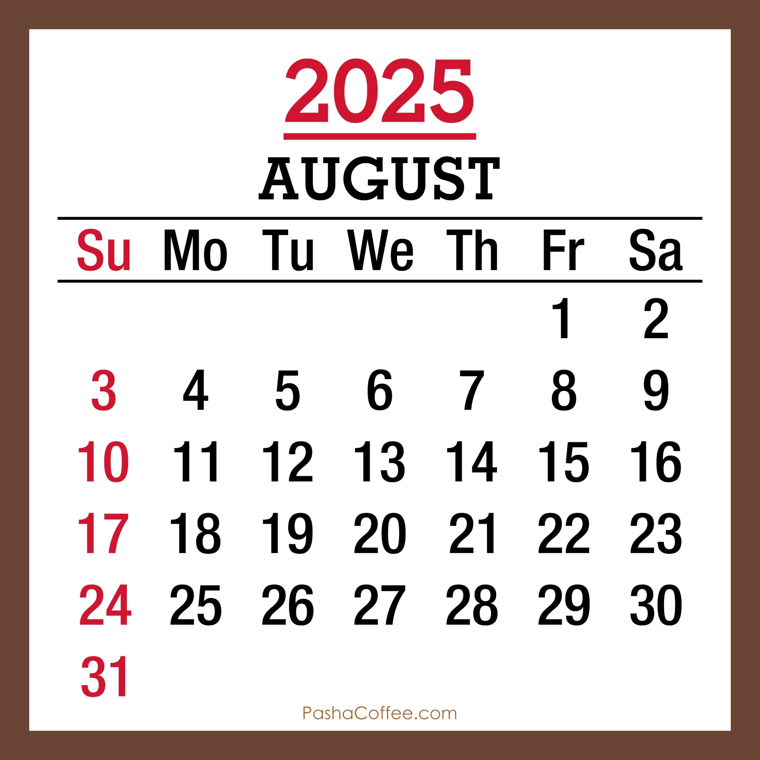 August Month Calendar 2025