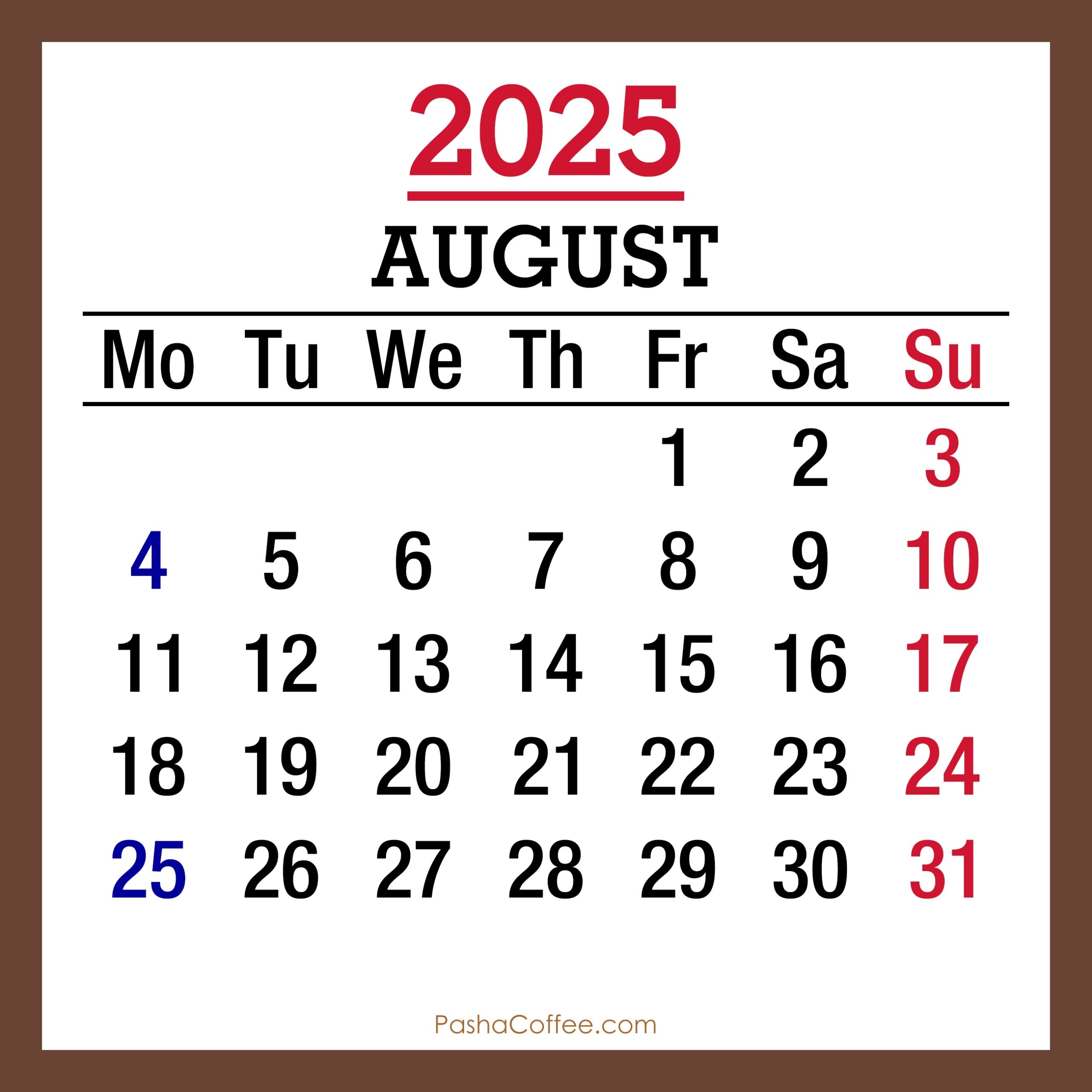 August 2025 Monthly Calendar With UK Holidays Printable Free Brown PashaCoffee