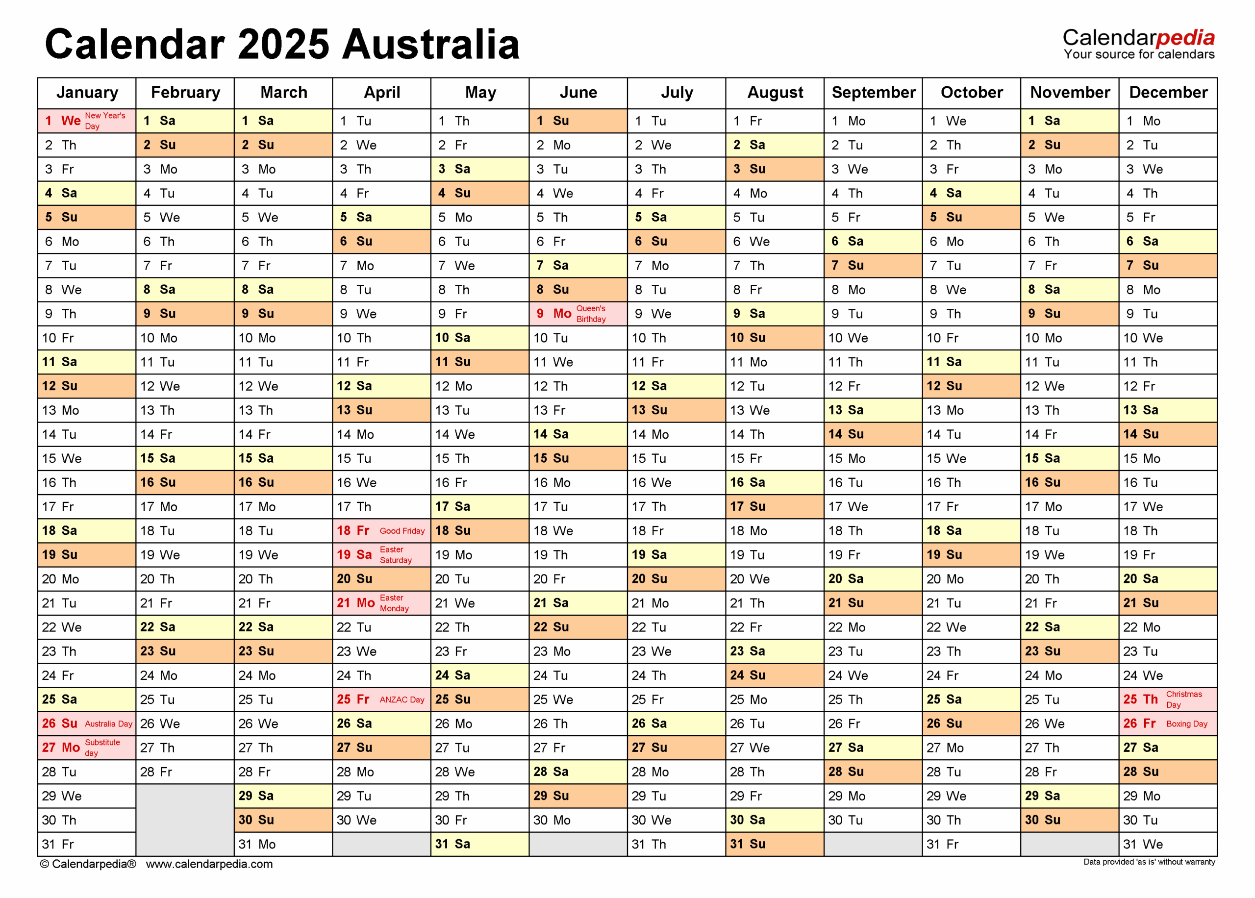 Free Printable 2025 Calendar Australia