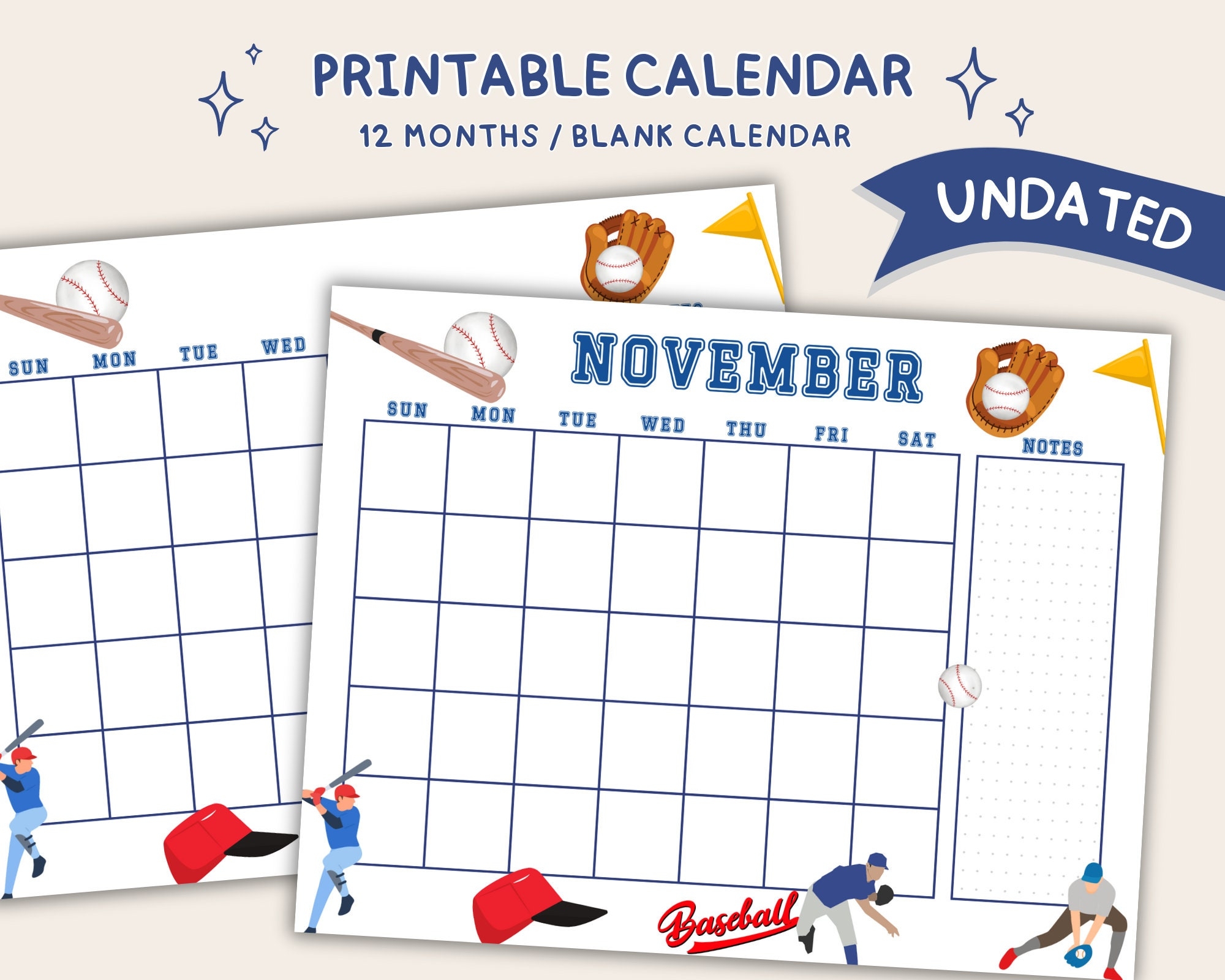 Baseball Undated Calendar Printable Baseball Monthly Milestone 