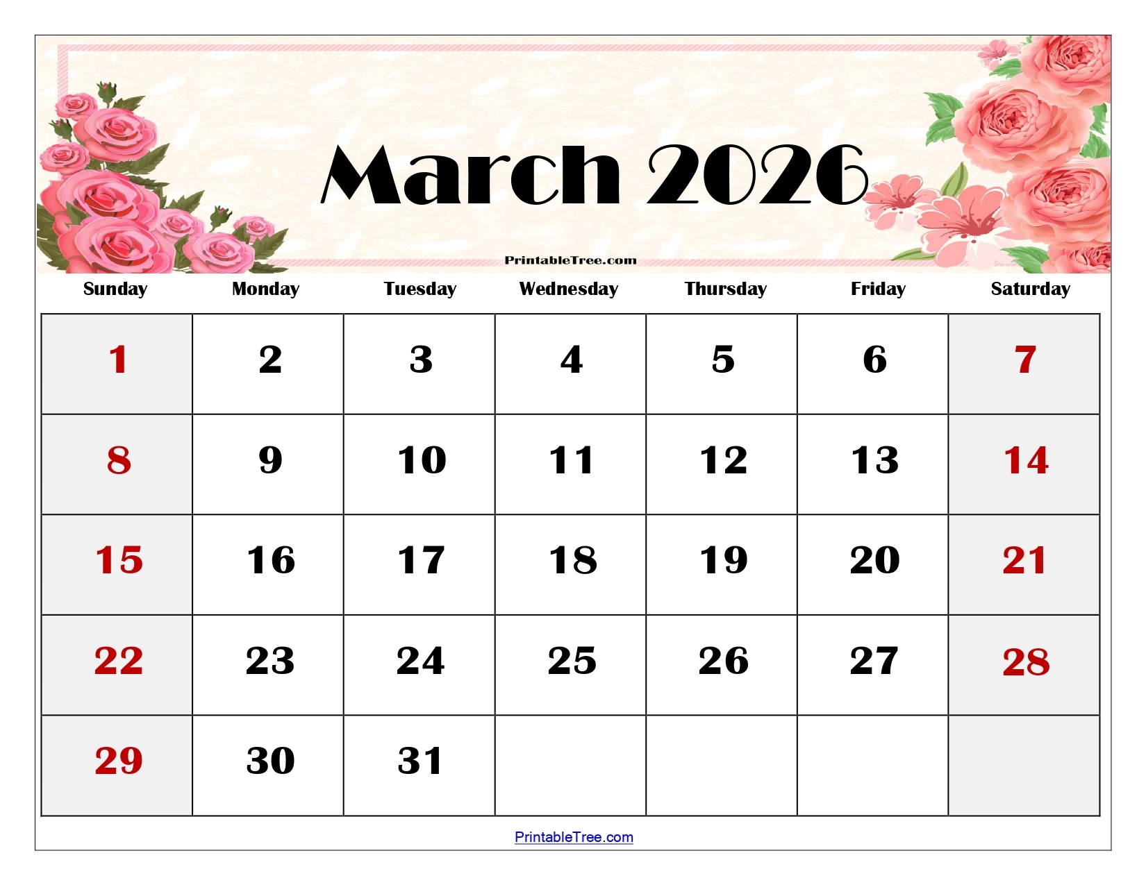 Free Printable Calendar 2026 March