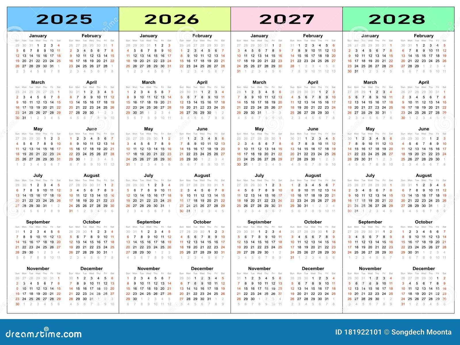 Calendar 2025 2026 2027 2028 Years Set Stock Vector Illustration Of Years Minimal 181922101