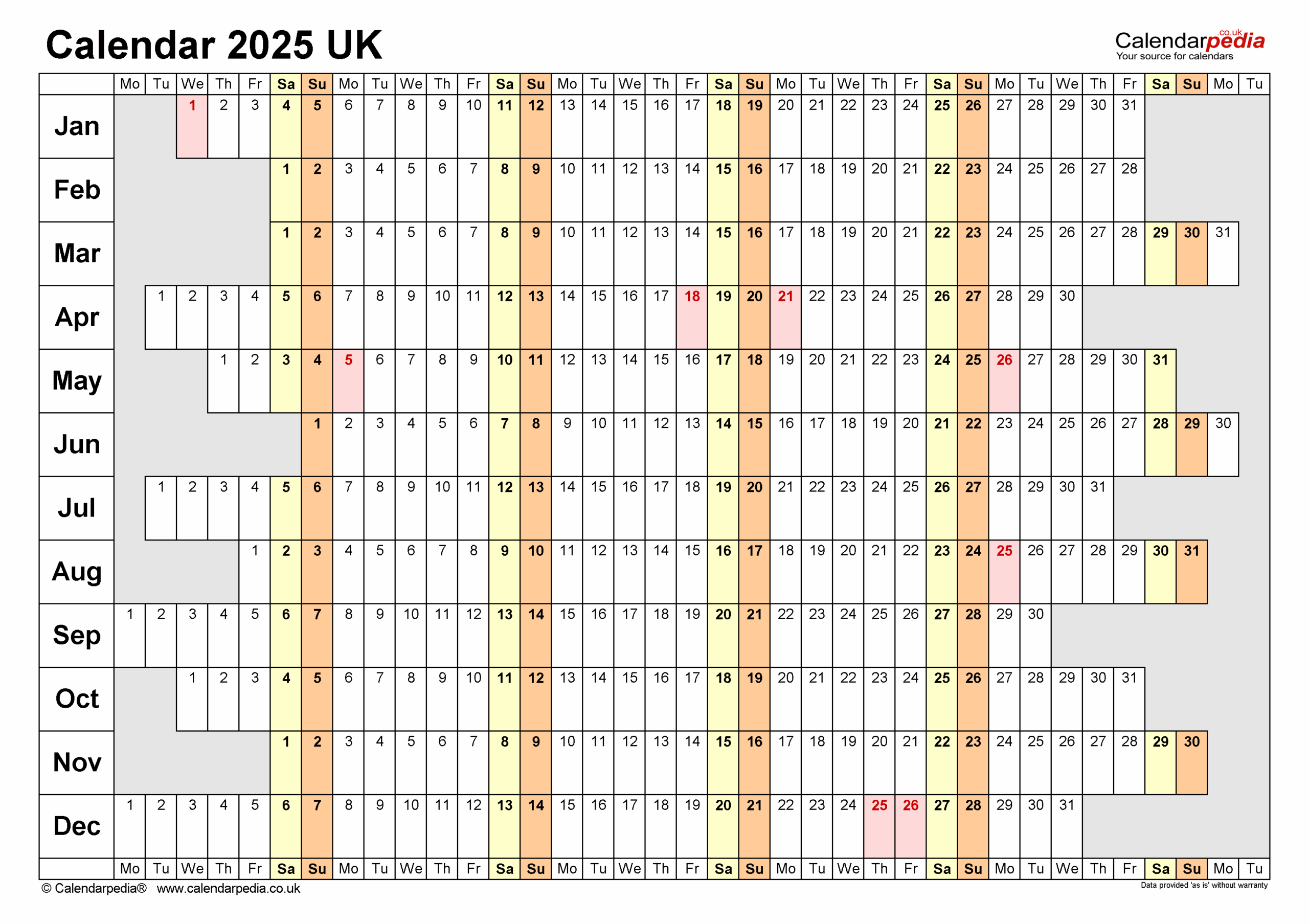 Calendar 2025 UK Free Printable PDF Templates