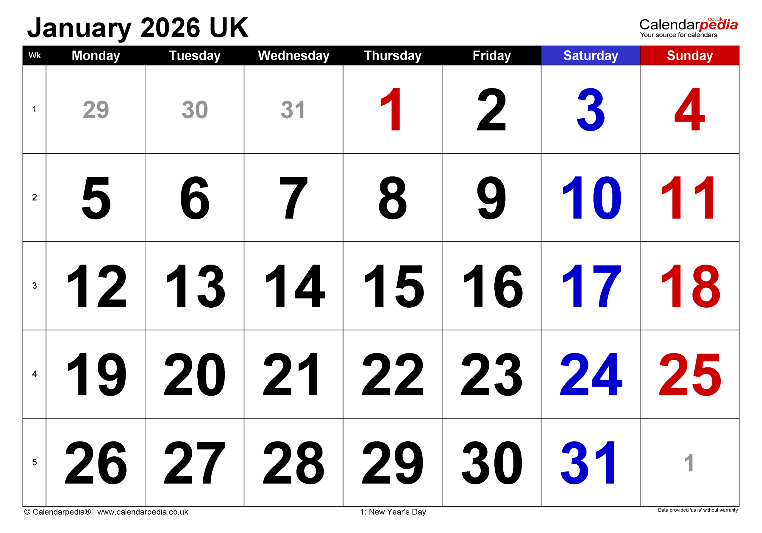 Free Printable Blank Calendar January 2026 Calendar Template